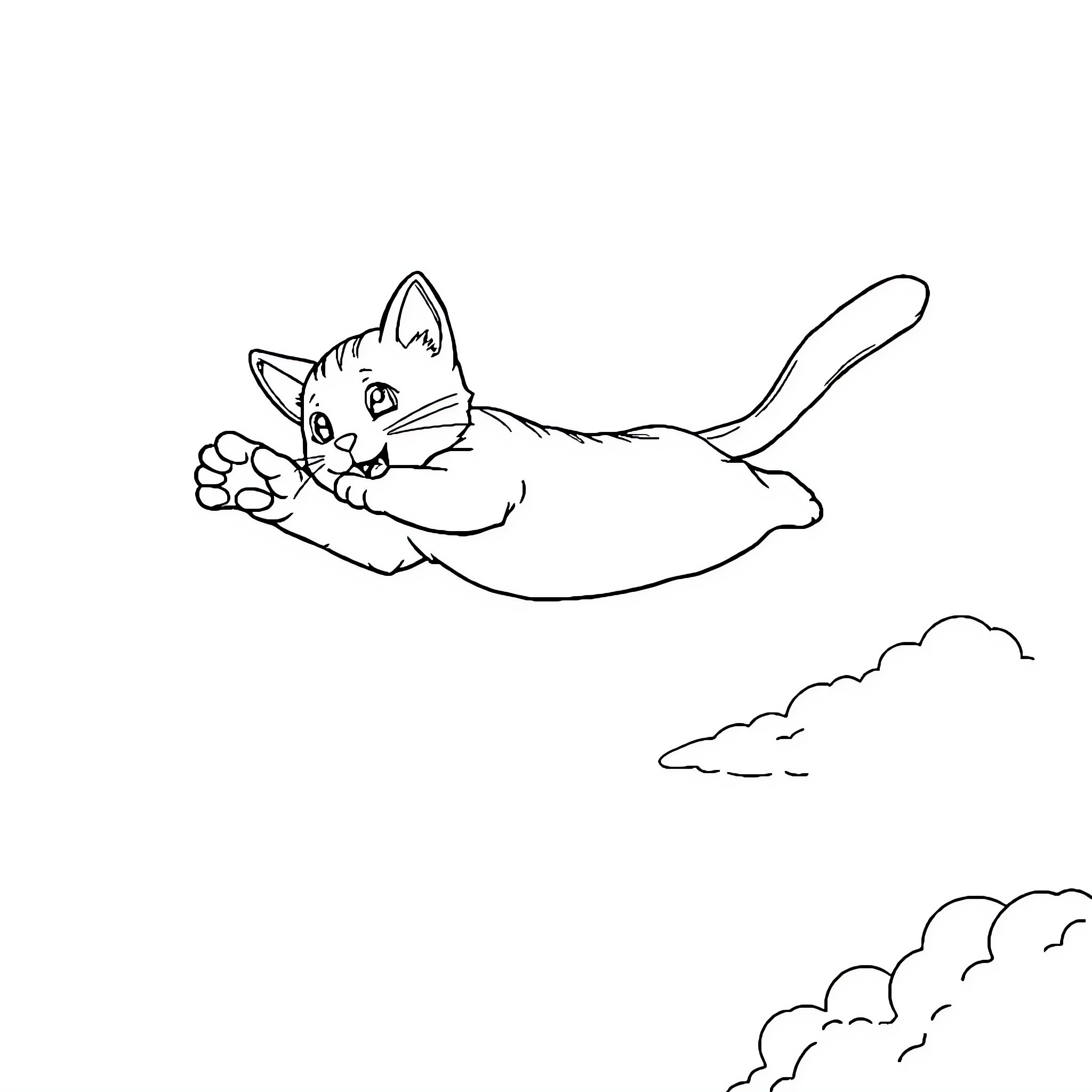 Cat floating in the sky Coloring Page (free black-and-white line drawing printable PDF for all, from beginners to advanced learners, including children, teens, adults, and seniors)