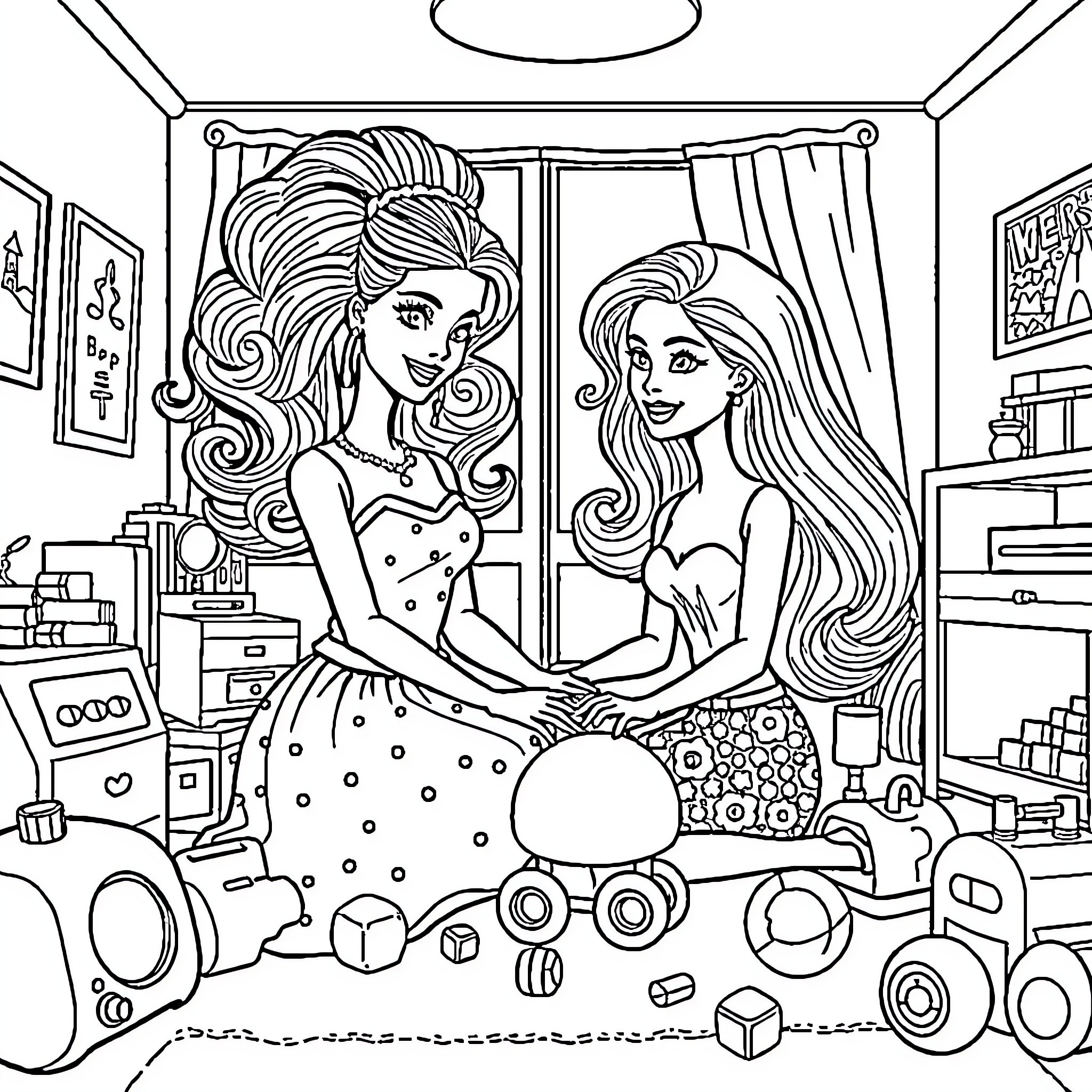 Barbie dolls playing in a colorful bedroom scene Coloring Page (free black-and-white line drawing printable PDF for all, from beginners to advanced learners, including children, teens, adults, and seniors)