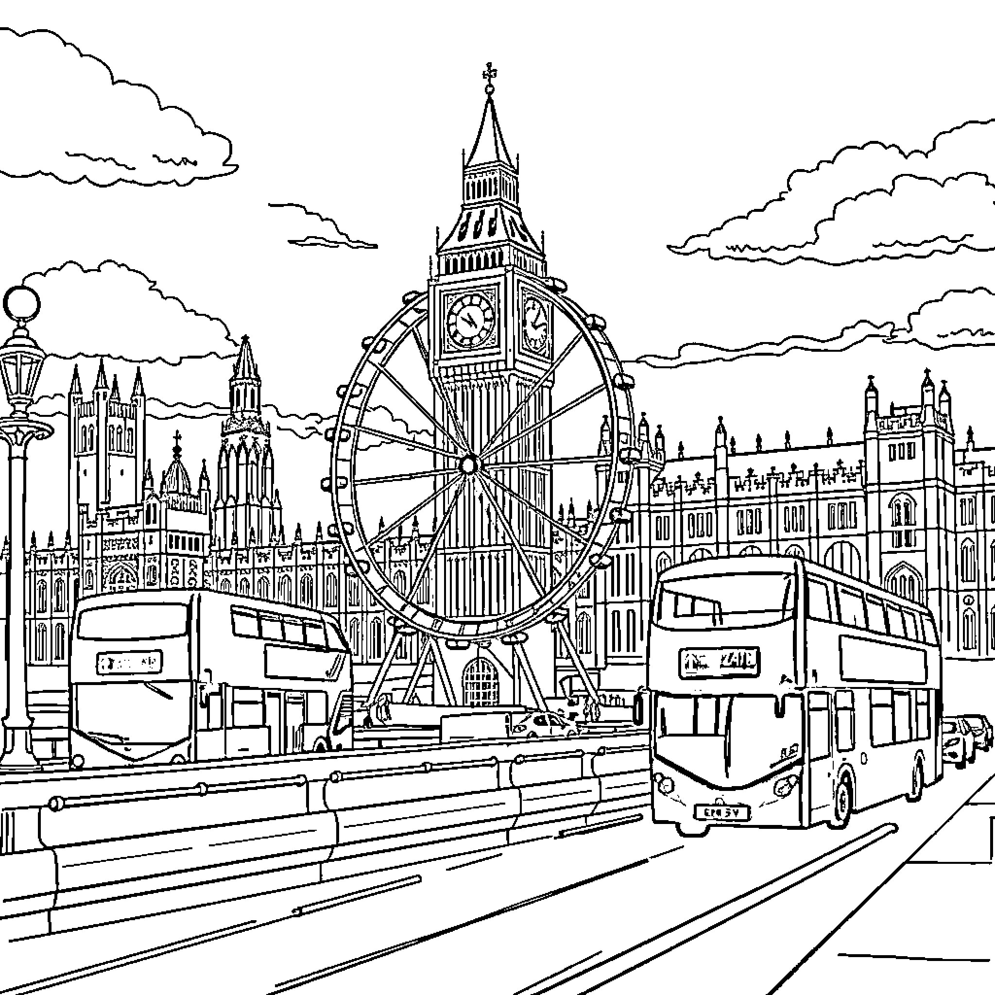 England's iconic landmarks and bustling city life Coloring Page (free black-and-white line drawing printable PDF for all, from beginners to advanced learners, including children, teens, adults, and seniors)