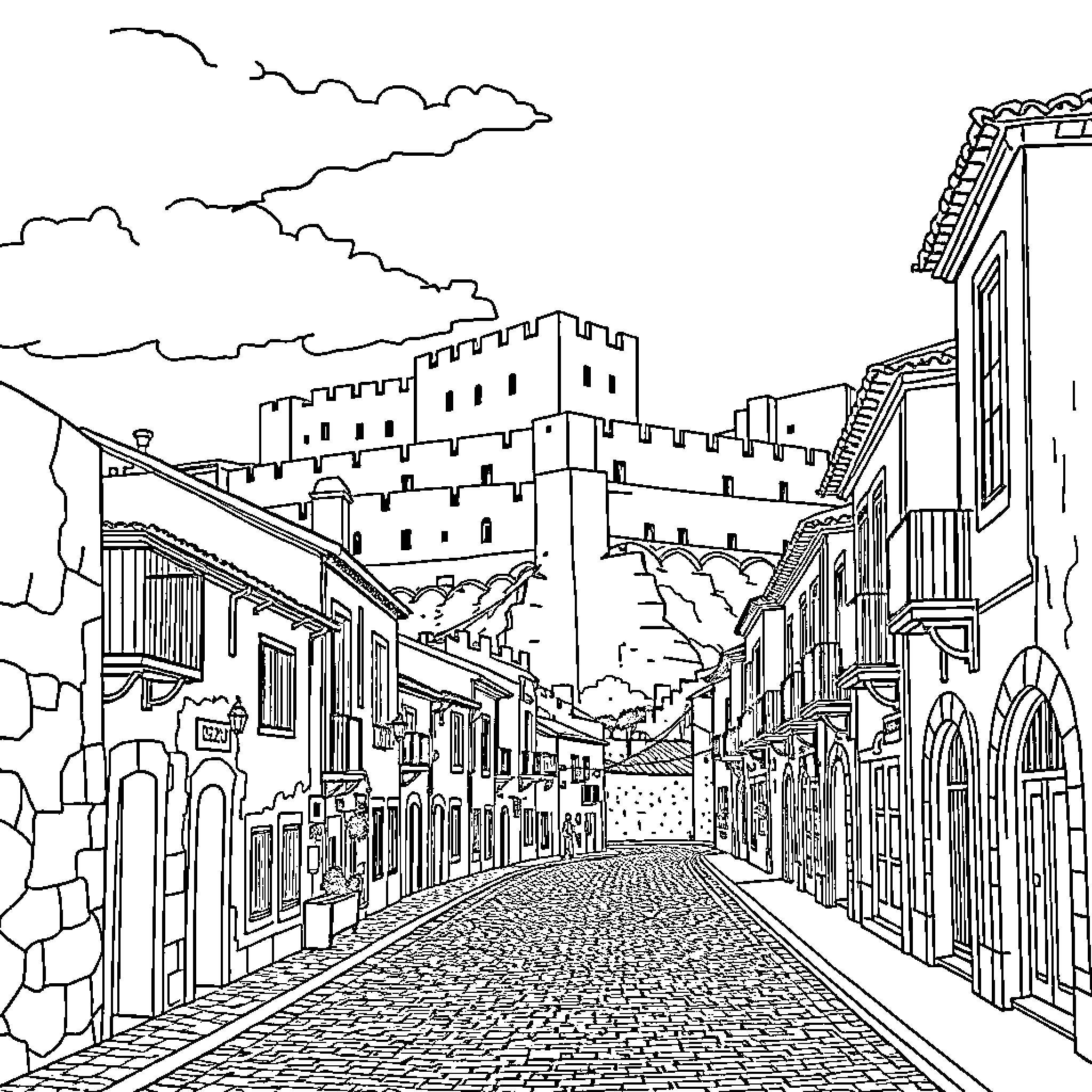 Badajoz: Historic Cobblestone Street and Castle Coloring Page (free black-and-white line drawing printable PDF for all, from beginners to advanced learners, including children, teens, adults, and seniors)