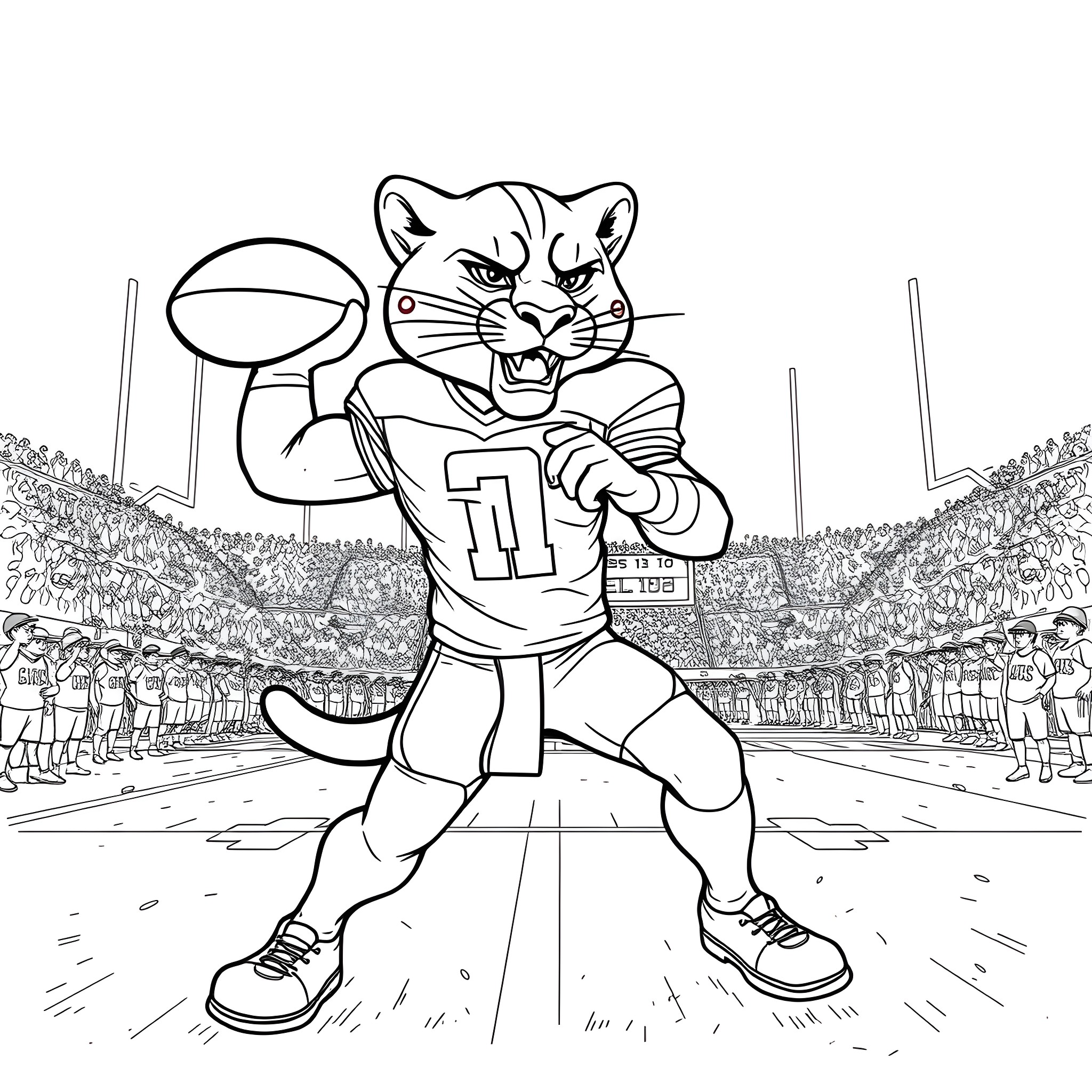 Cougar player dominates the football field Coloring Page (free black-and-white line drawing printable PDF for all, from beginners to advanced learners, including children, teens, adults, and seniors)