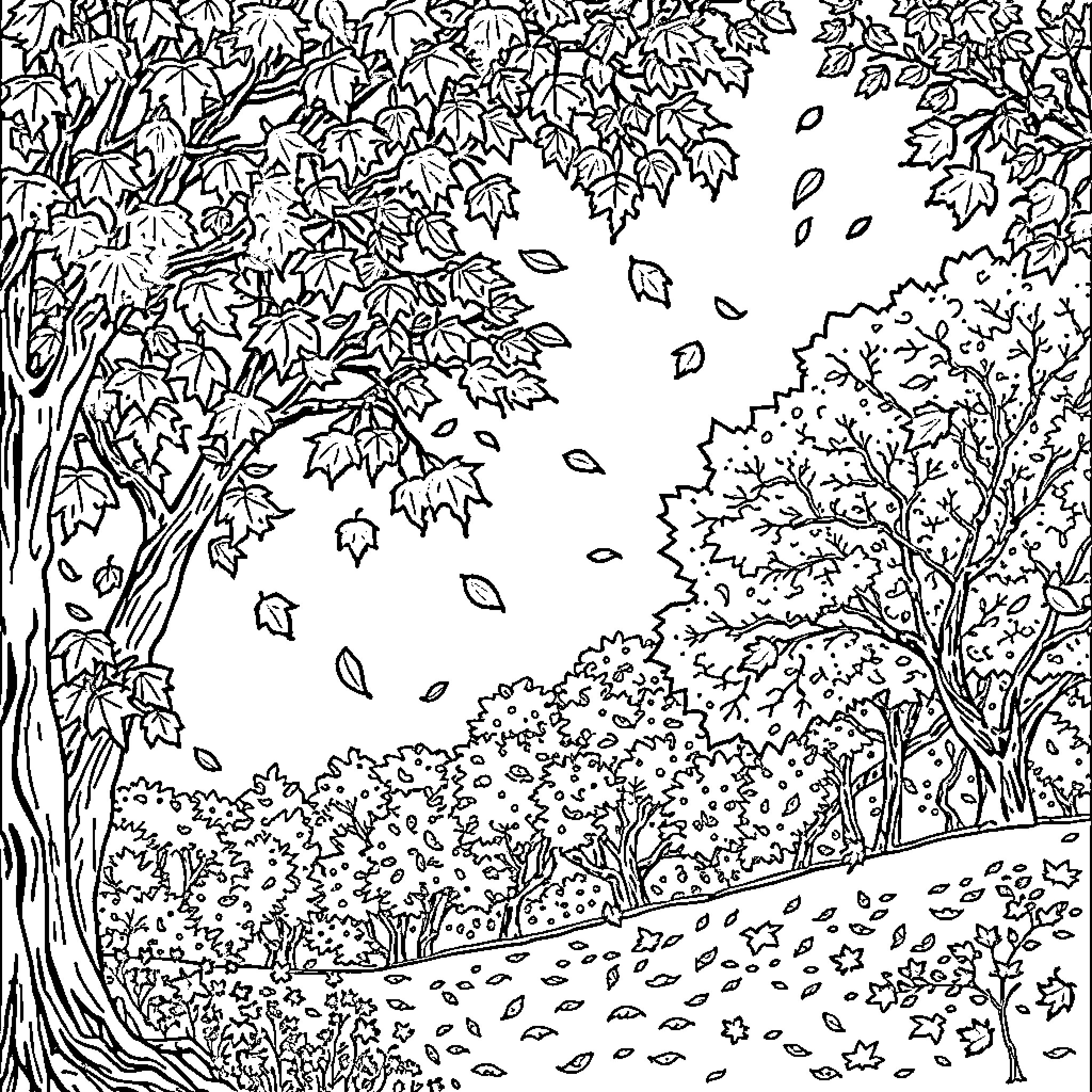 Leaf-filled Autumn Landscape with Swirling Foliage Coloring Page (free black-and-white line drawing printable PDF for all, from beginners to advanced learners, including children, teens, adults, and seniors)