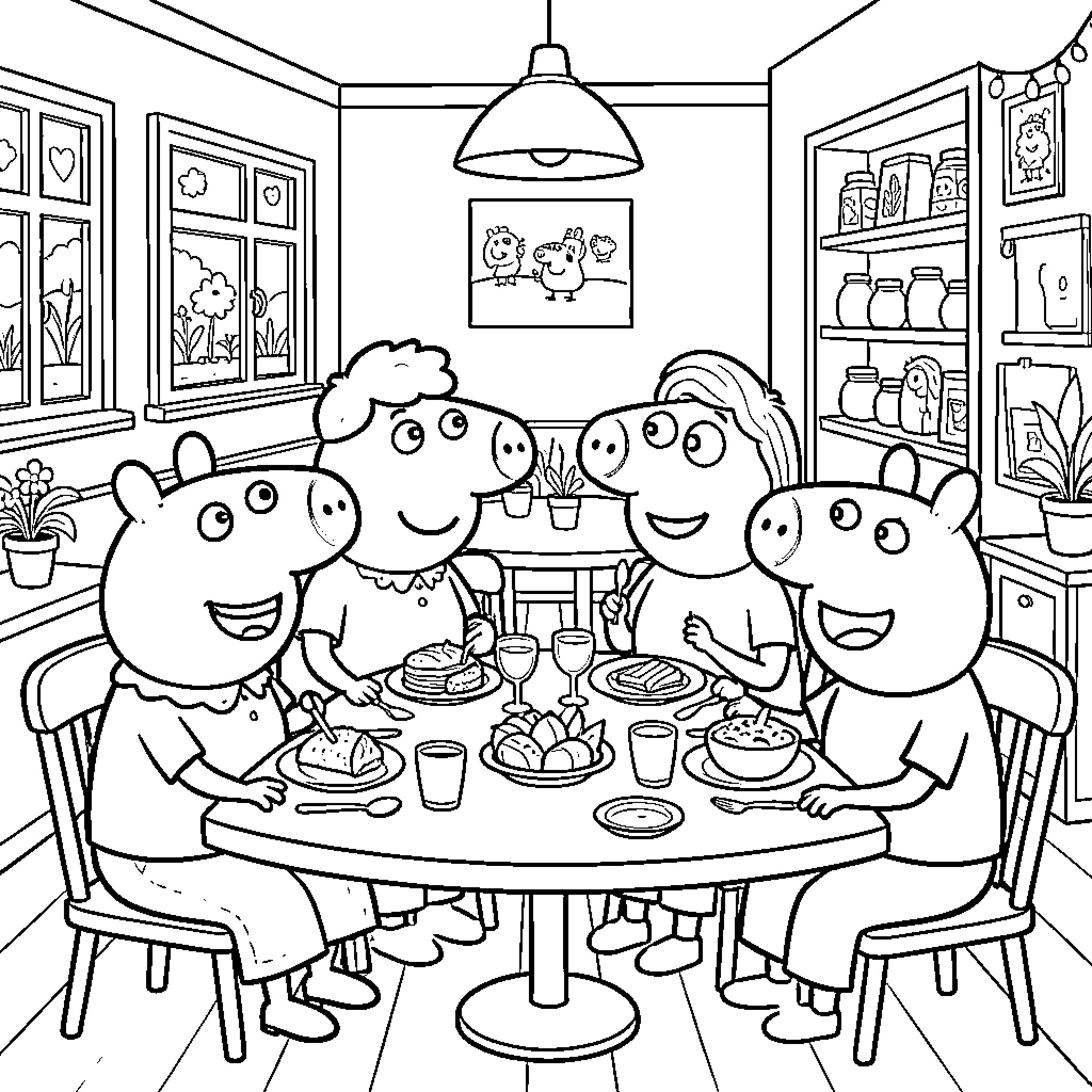 Peppa Pig and family enjoying a meal together Coloring Page (free black-and-white line drawing printable PDF for all, from beginners to advanced learners, including children, teens, adults, and seniors)