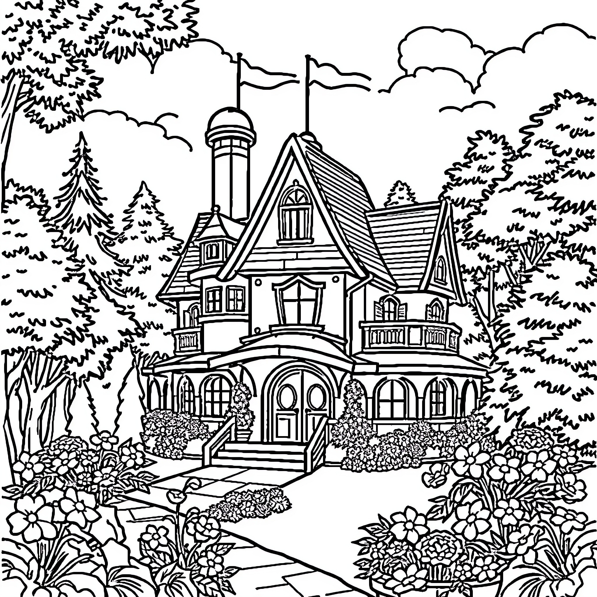 Mickey Mouse's Enchanted Cottage in the Enchanted Forest Coloring Page (free black-and-white line drawing printable PDF for all, from beginners to advanced learners, including children, teens, adults, and seniors)