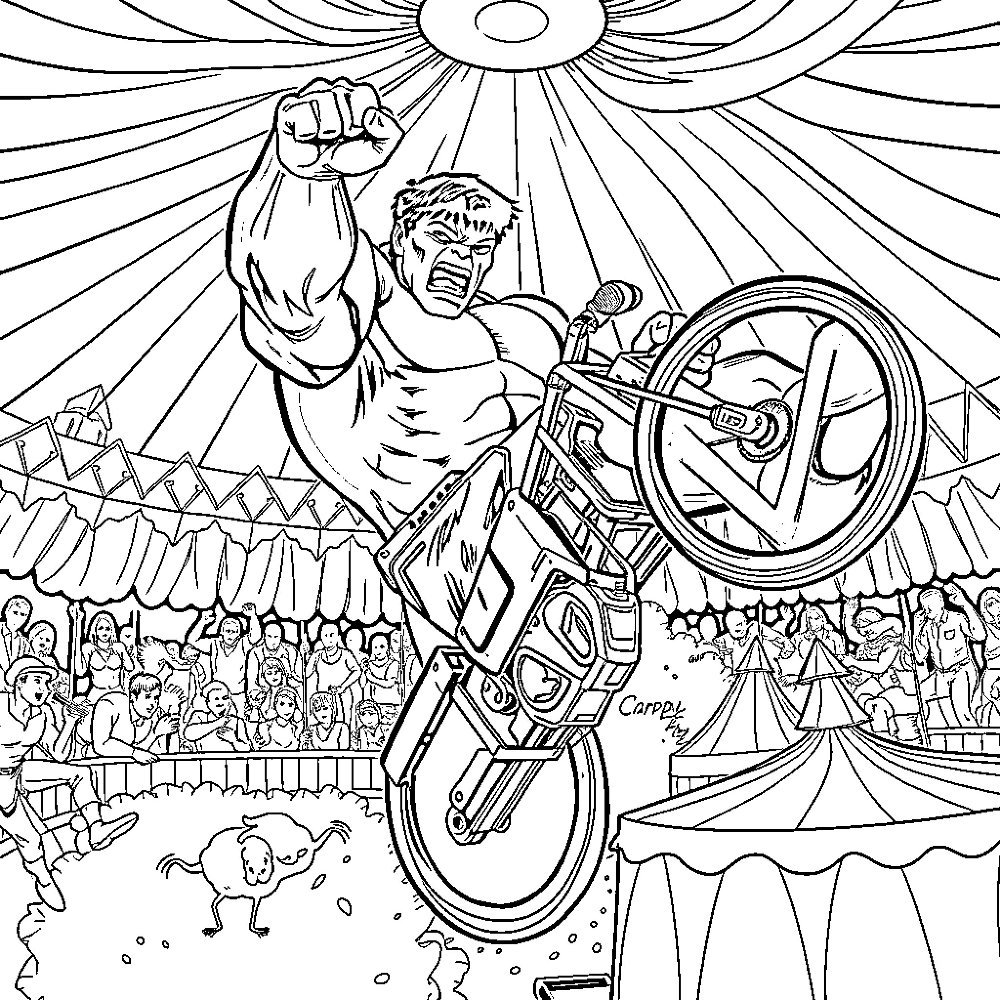Hulk Performing Impressive Motorcycle Stunt in Carnival Coloring Page (free black-and-white line drawing printable PDF for all, from beginners to advanced learners, including children, teens, adults, and seniors)