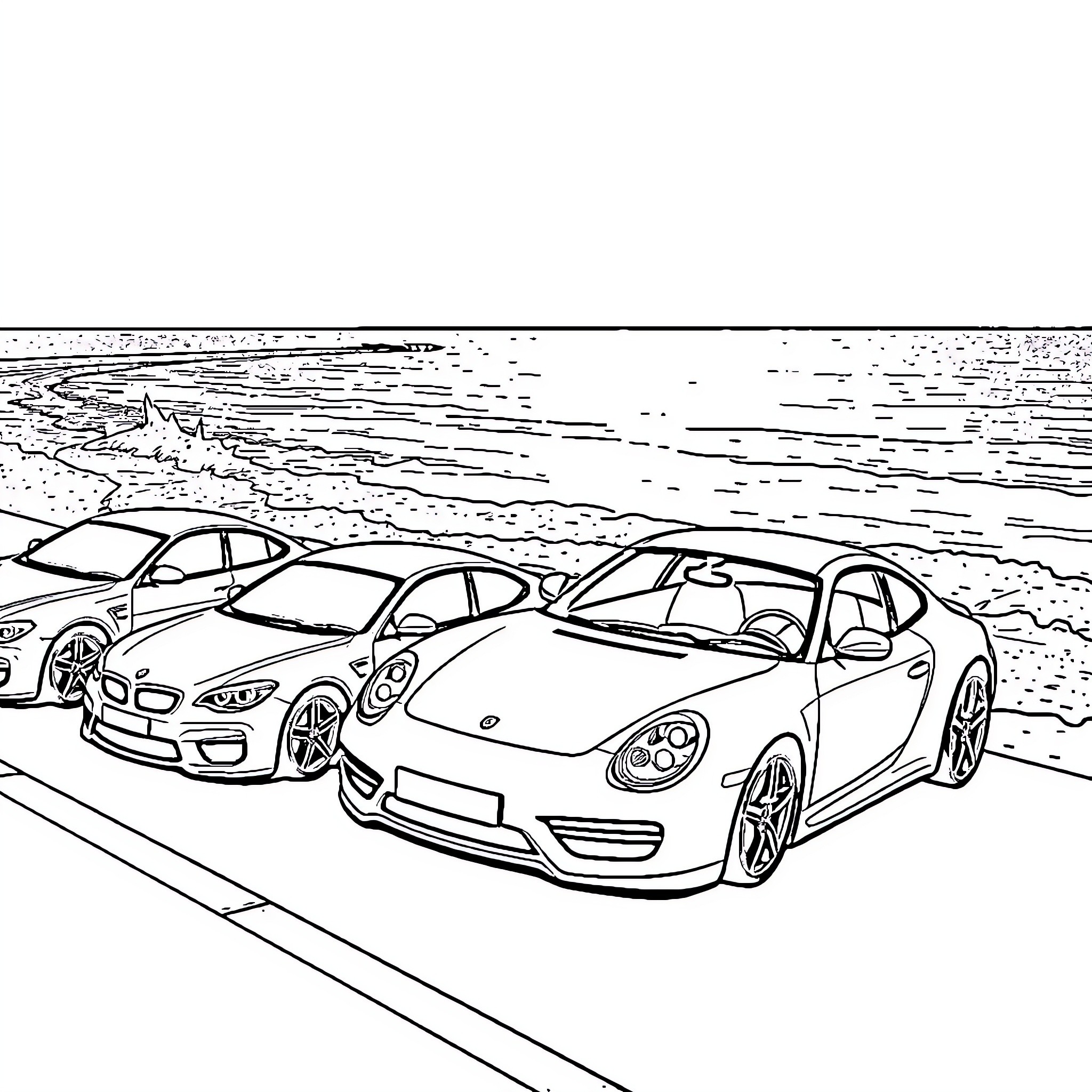 Car showroom along the beach Coloring Page (free black-and-white line drawing printable PDF for all, from beginners to advanced learners, including children, teens, adults, and seniors)