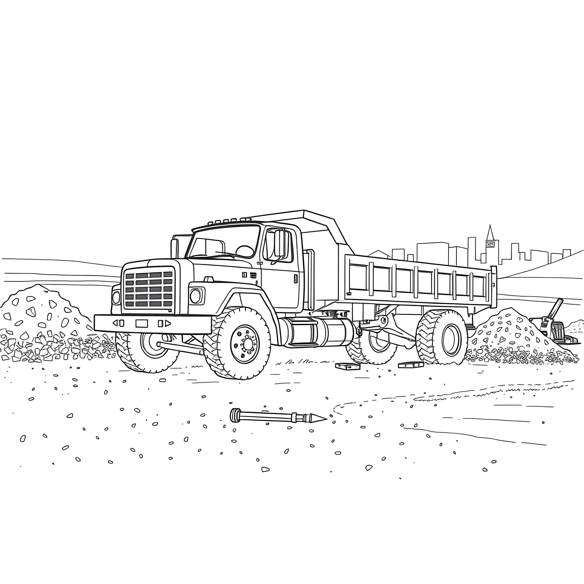 Dump Truck Transporting Construction Materials on Site Coloring Page (free black-and-white line drawing printable PDF for all, from beginners to advanced learners, including children, teens, adults, and seniors)