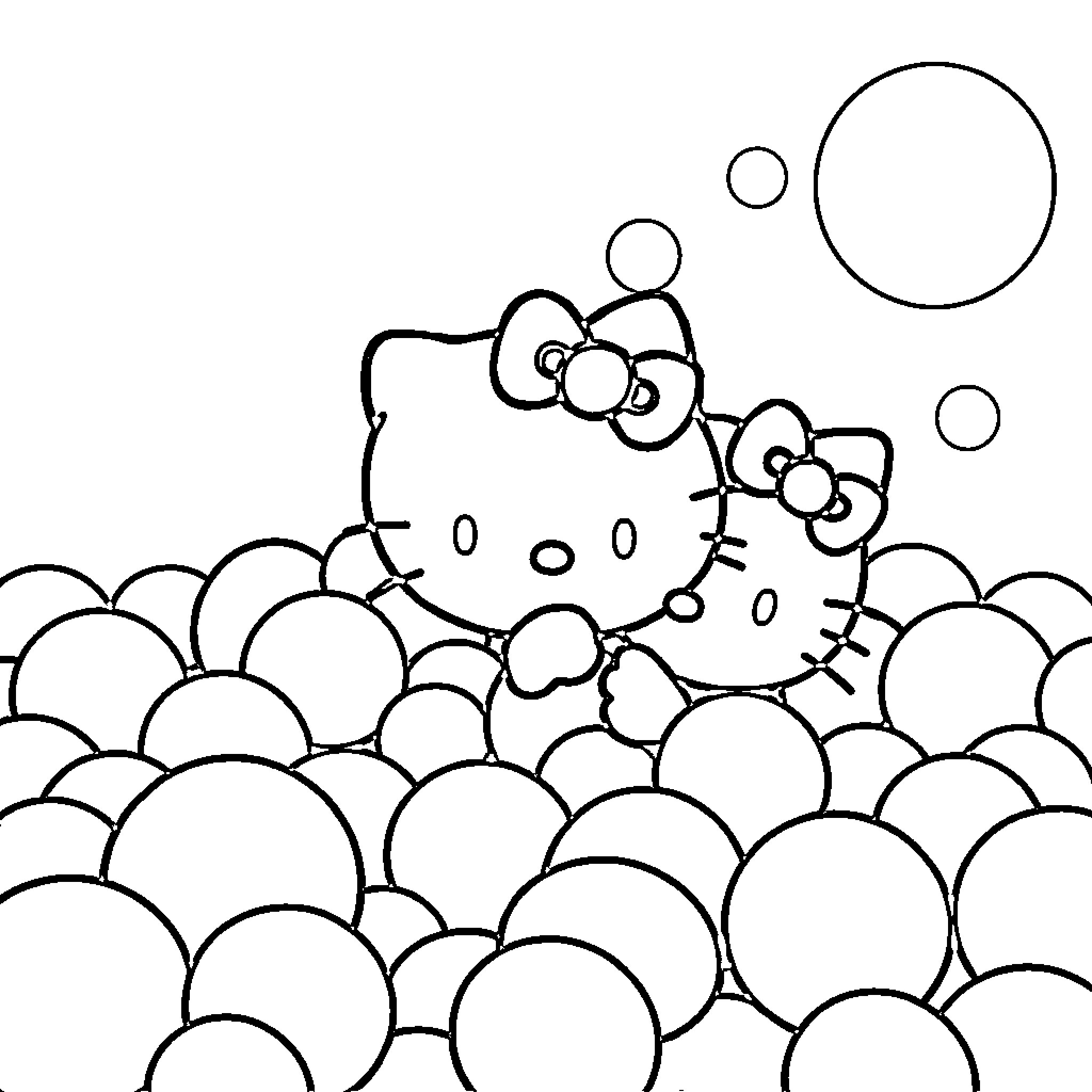 Hello Kitty playing in bubble bath Coloring Page (free black-and-white line drawing printable PDF for all, from beginners to advanced learners, including children, teens, adults, and seniors)