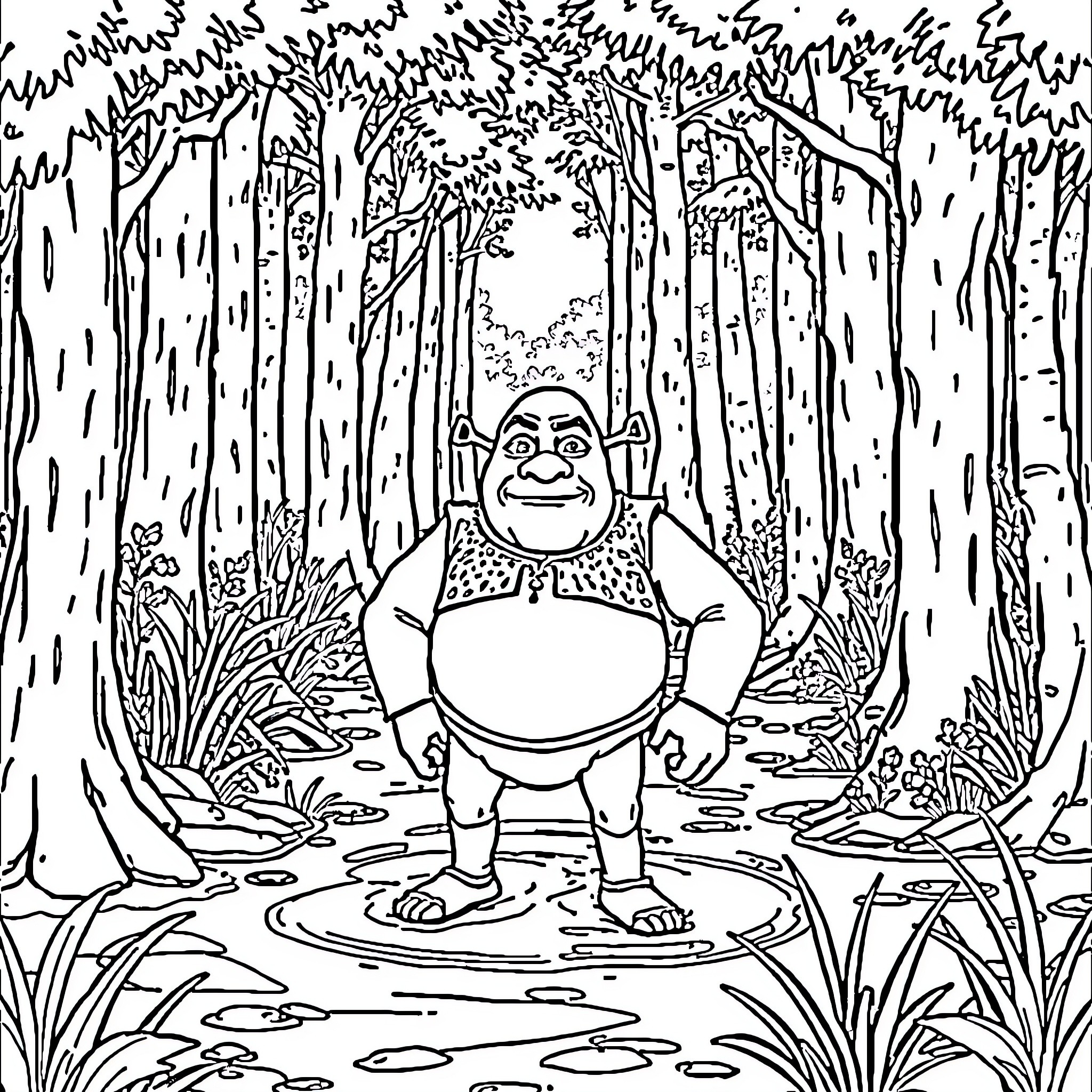 Shrek in the Enchanted Forest Coloring Page (free black-and-white line drawing printable PDF for all, from beginners to advanced learners, including children, teens, adults, and seniors)