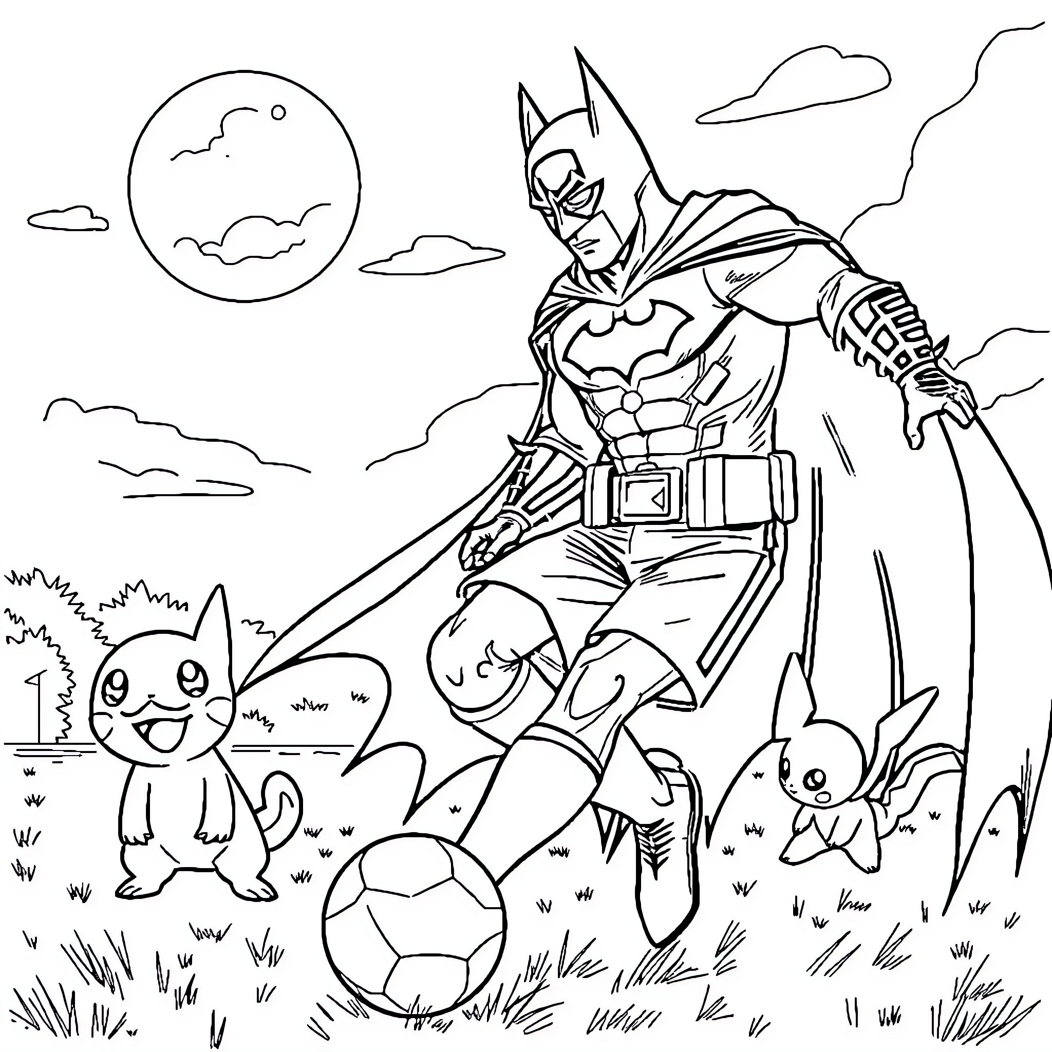 Soccer heroes battling with cute creatures in the field Coloring Page (free black-and-white line drawing printable PDF for all, from beginners to advanced learners, including children, teens, adults, and seniors)