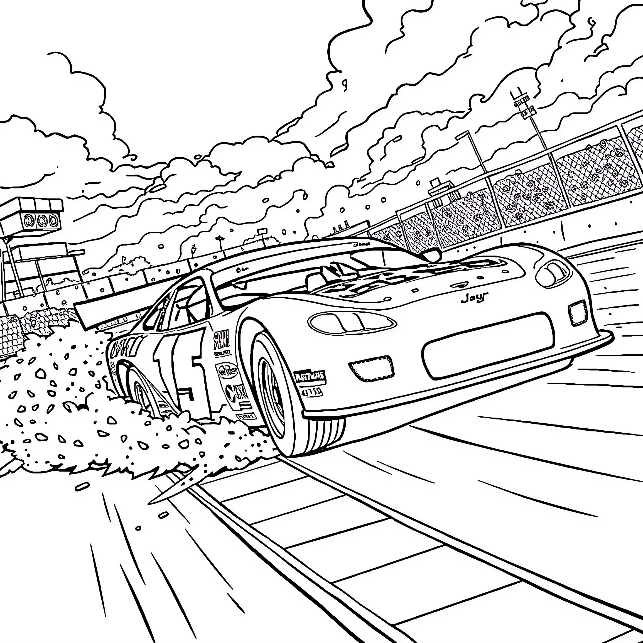 Stock Car Speeding Through a Racetrack Coloring Page (free black-and-white line drawing printable PDF for all, from beginners to advanced learners, including children, teens, adults, and seniors)