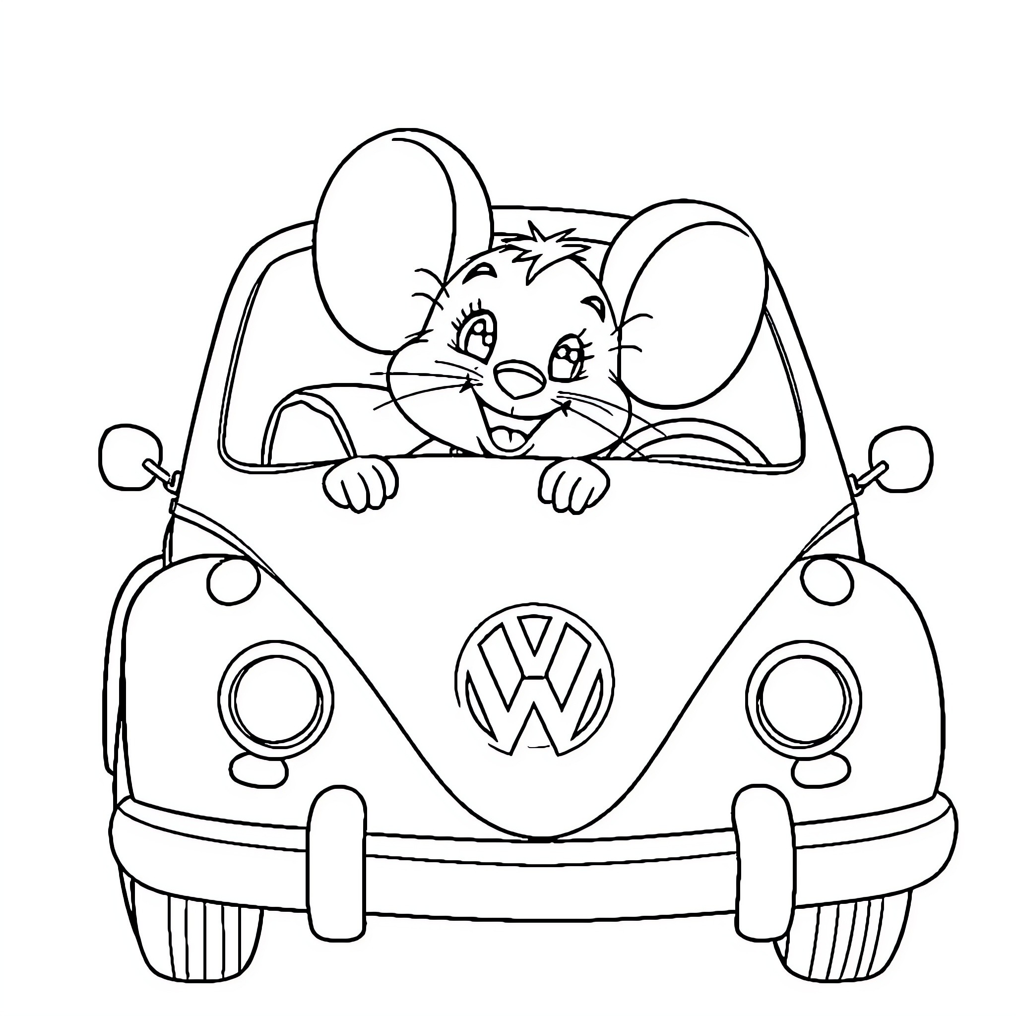 Mini Mouse driving a playful car Coloring Page (free black-and-white line drawing printable PDF for all, from beginners to advanced learners, including children, teens, adults, and seniors)