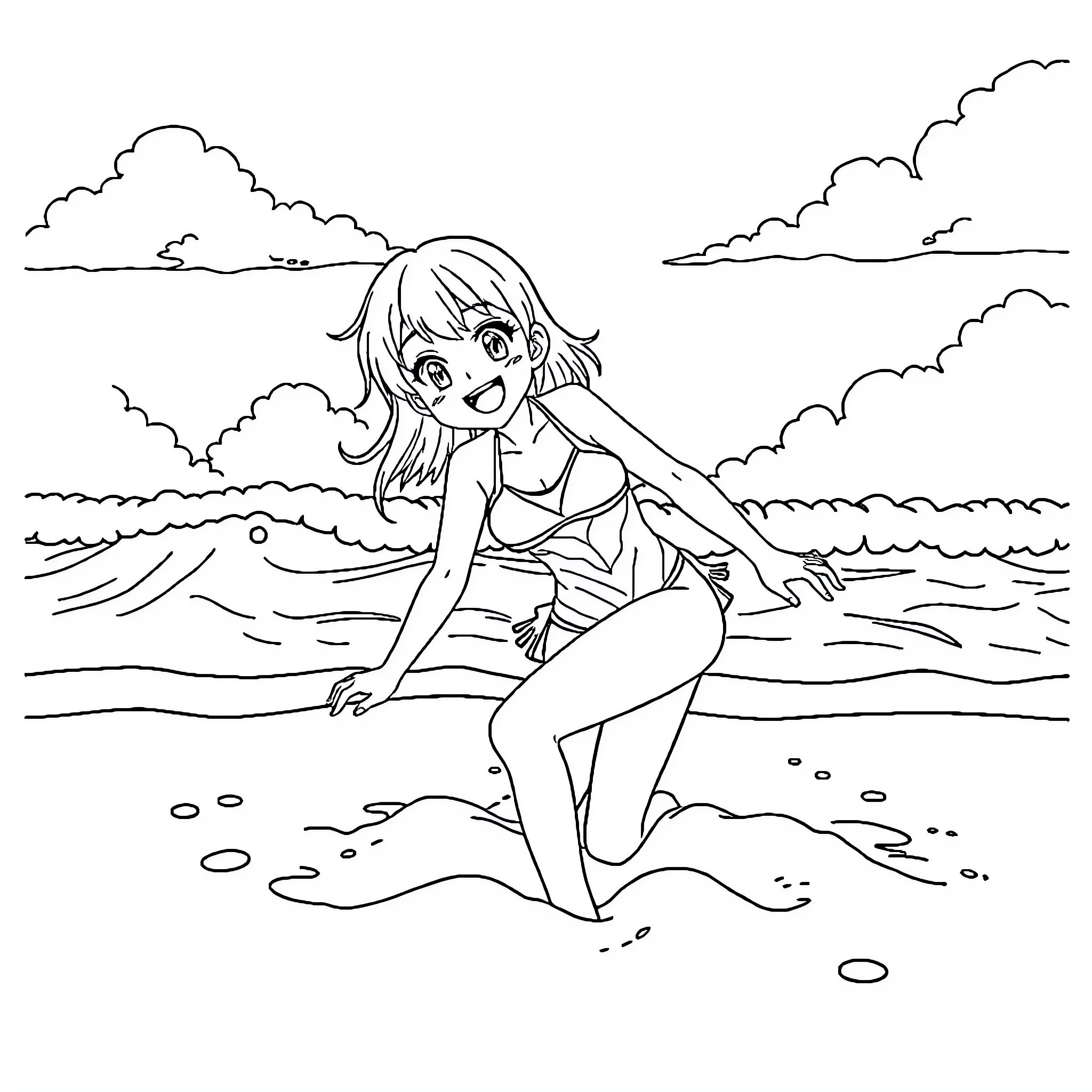 Anime Character Enjoying Beach Scenery Coloring Page (free black-and-white line drawing printable PDF for all, from beginners to advanced learners, including children, teens, adults, and seniors)