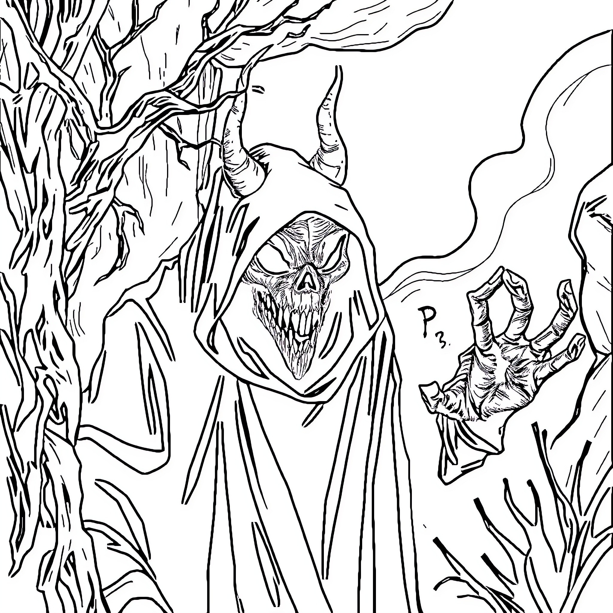 El Guazon: Fearsome Creature Amid Twisted Trees Coloring Page (free black-and-white line drawing printable PDF for all, from beginners to advanced learners, including children, teens, adults, and seniors)