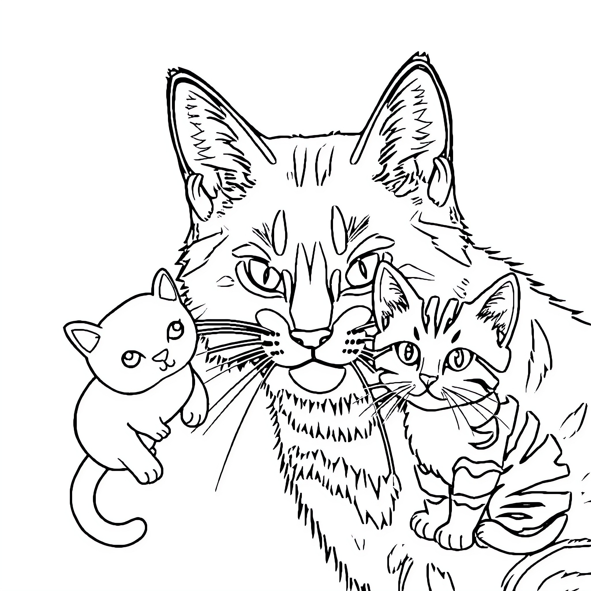 Animal Kittens Playing Playfully Together Coloring Page (free black-and-white line drawing printable PDF for all, from beginners to advanced learners, including children, teens, adults, and seniors)
