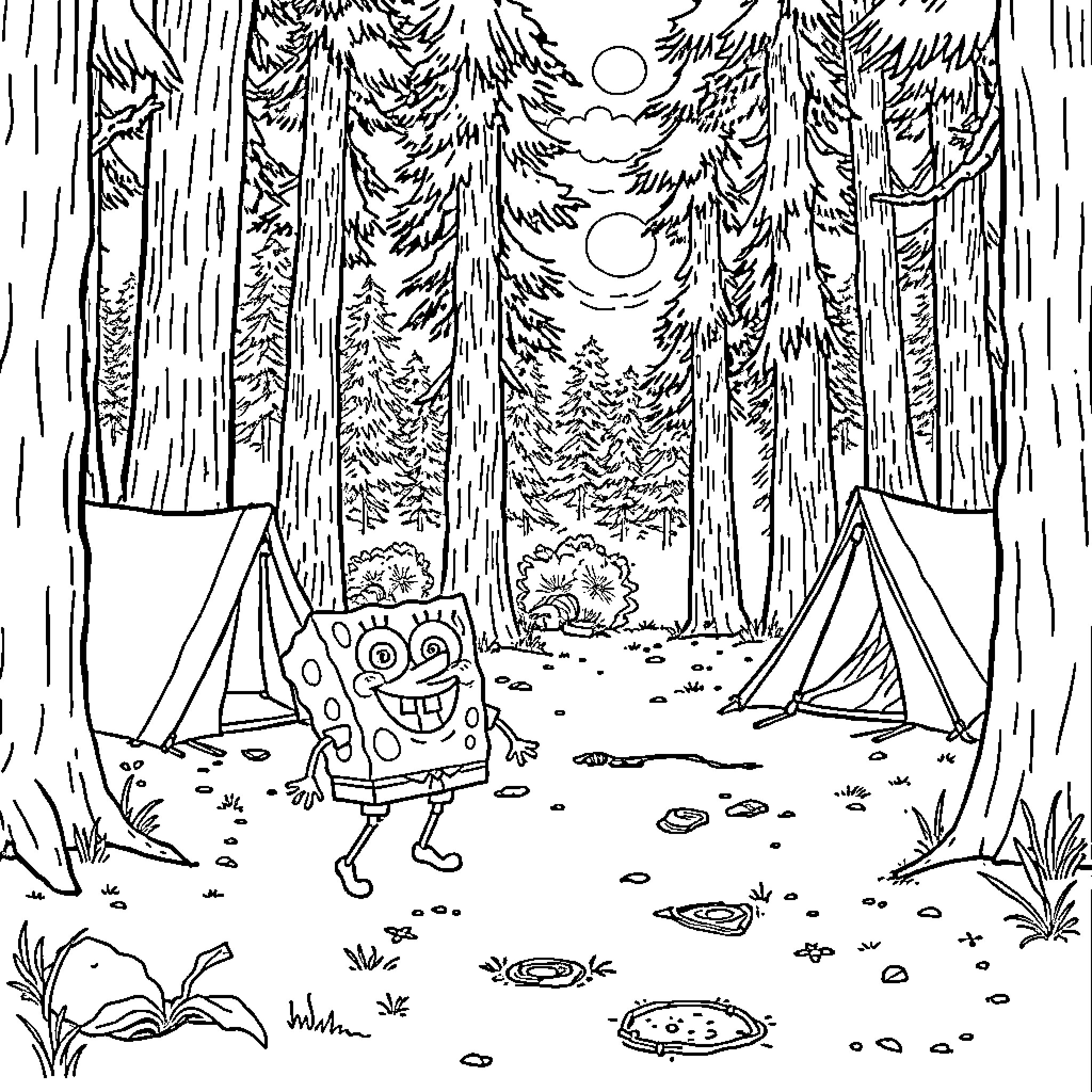 Spongebob's Camping Adventure in the Forest Coloring Page (free black-and-white line drawing printable PDF for all, from beginners to advanced learners, including children, teens, adults, and seniors)