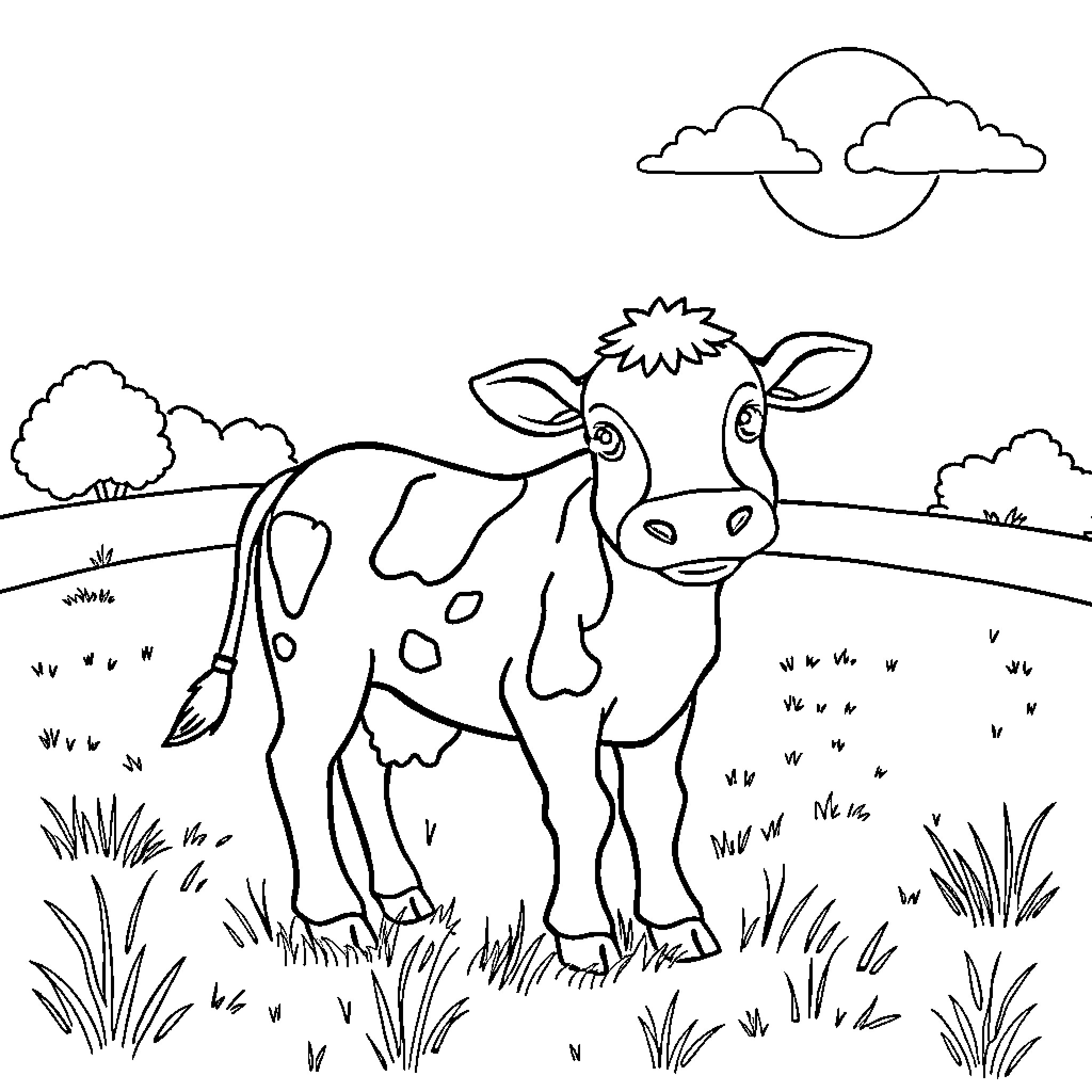 Cow standing in a field Coloring Page (free black-and-white line drawing printable PDF for all, from beginners to advanced learners, including children, teens, adults, and seniors)