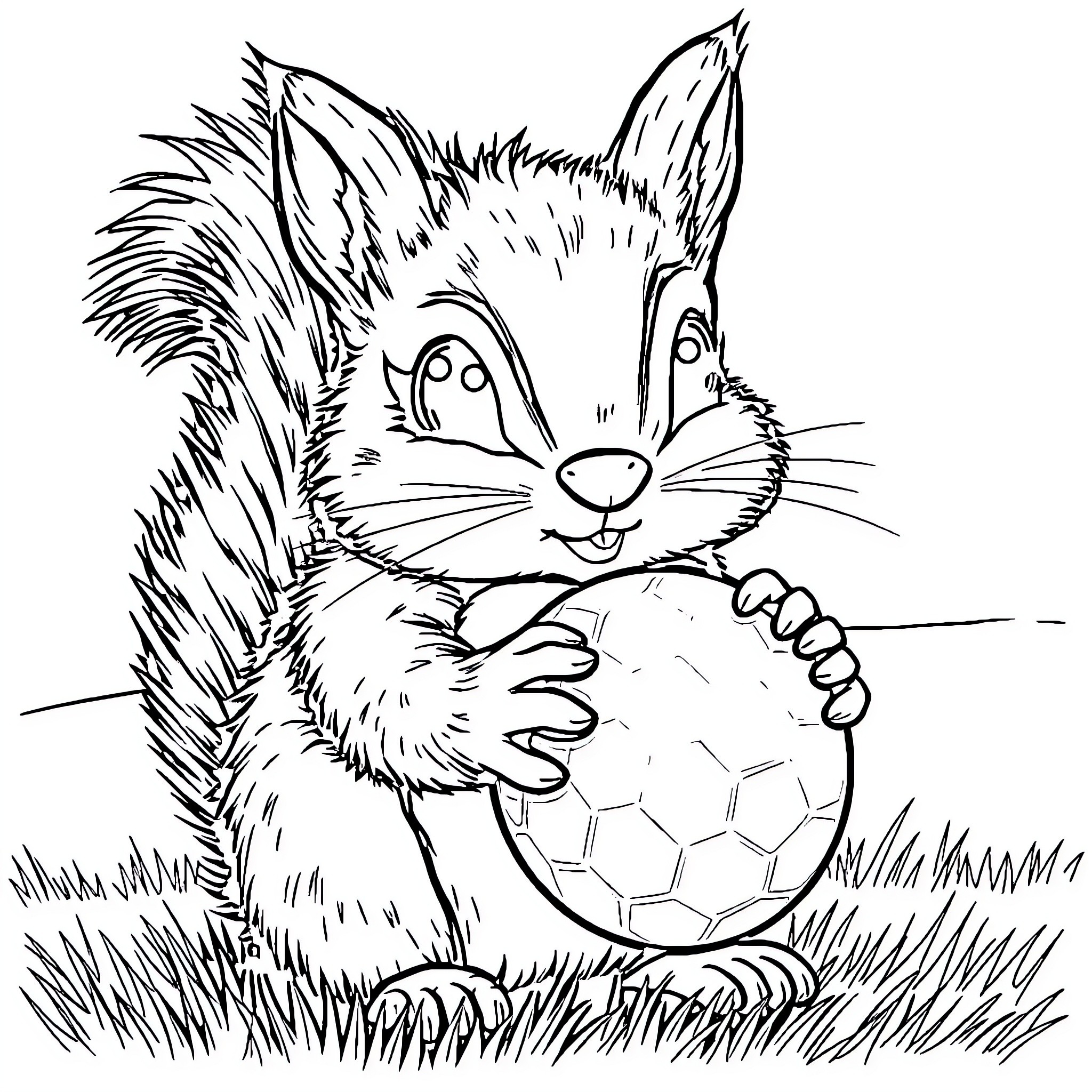 Squirrel playing with a soccer ball in the grass Coloring Page (free black-and-white line drawing printable PDF for all, from beginners to advanced learners, including children, teens, adults, and seniors)