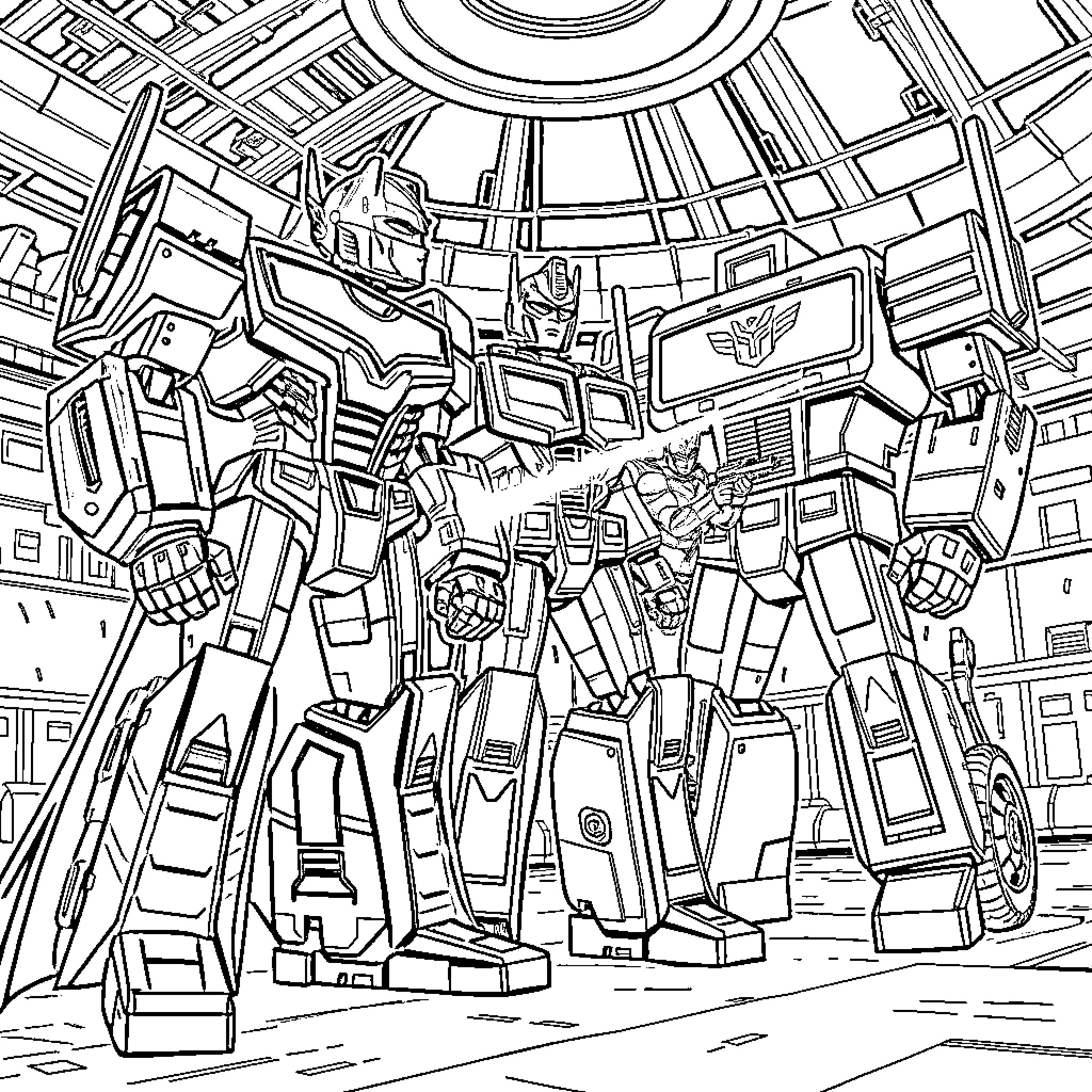 Batbot Robots in Futuristic Sci-Fi Setting Coloring Page (free black-and-white line drawing printable PDF for all, from beginners to advanced learners, including children, teens, adults, and seniors)