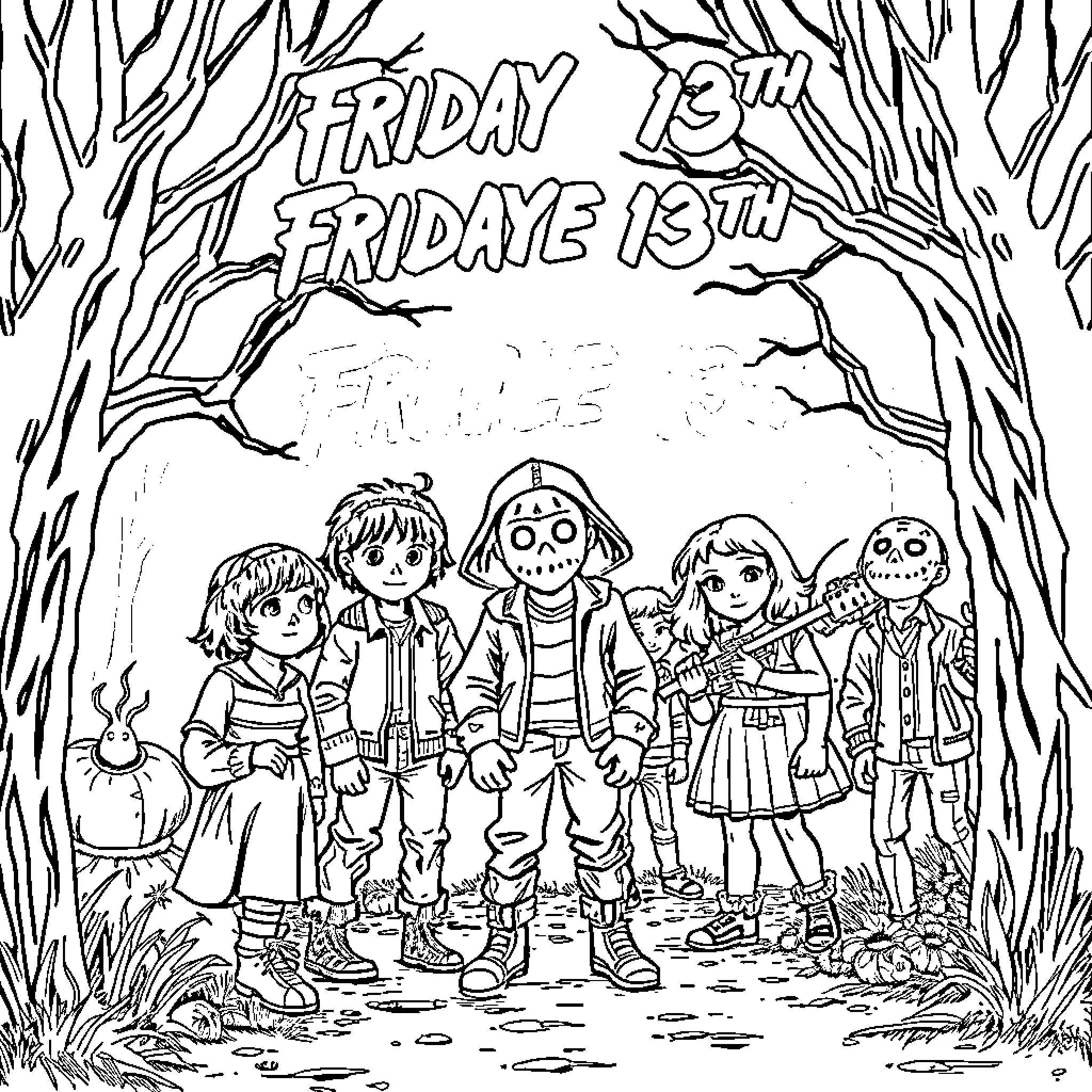 Stranger Things: Characters Gathered in the Woods Coloring Page (free black-and-white line drawing printable PDF for all, from beginners to advanced learners, including children, teens, adults, and seniors)