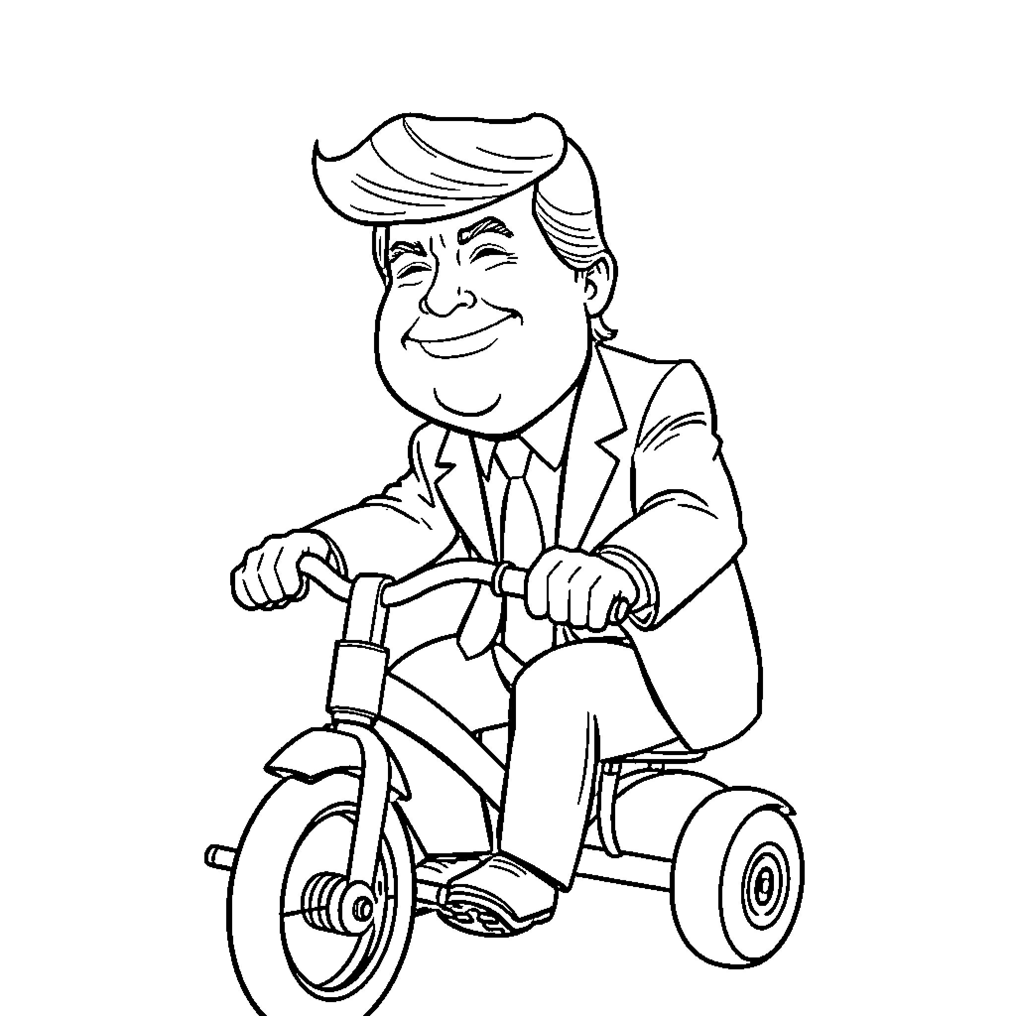 Donald Trump riding a tricycle with a smile Coloring Page (free black-and-white line drawing printable PDF for all, from beginners to advanced learners, including children, teens, adults, and seniors)