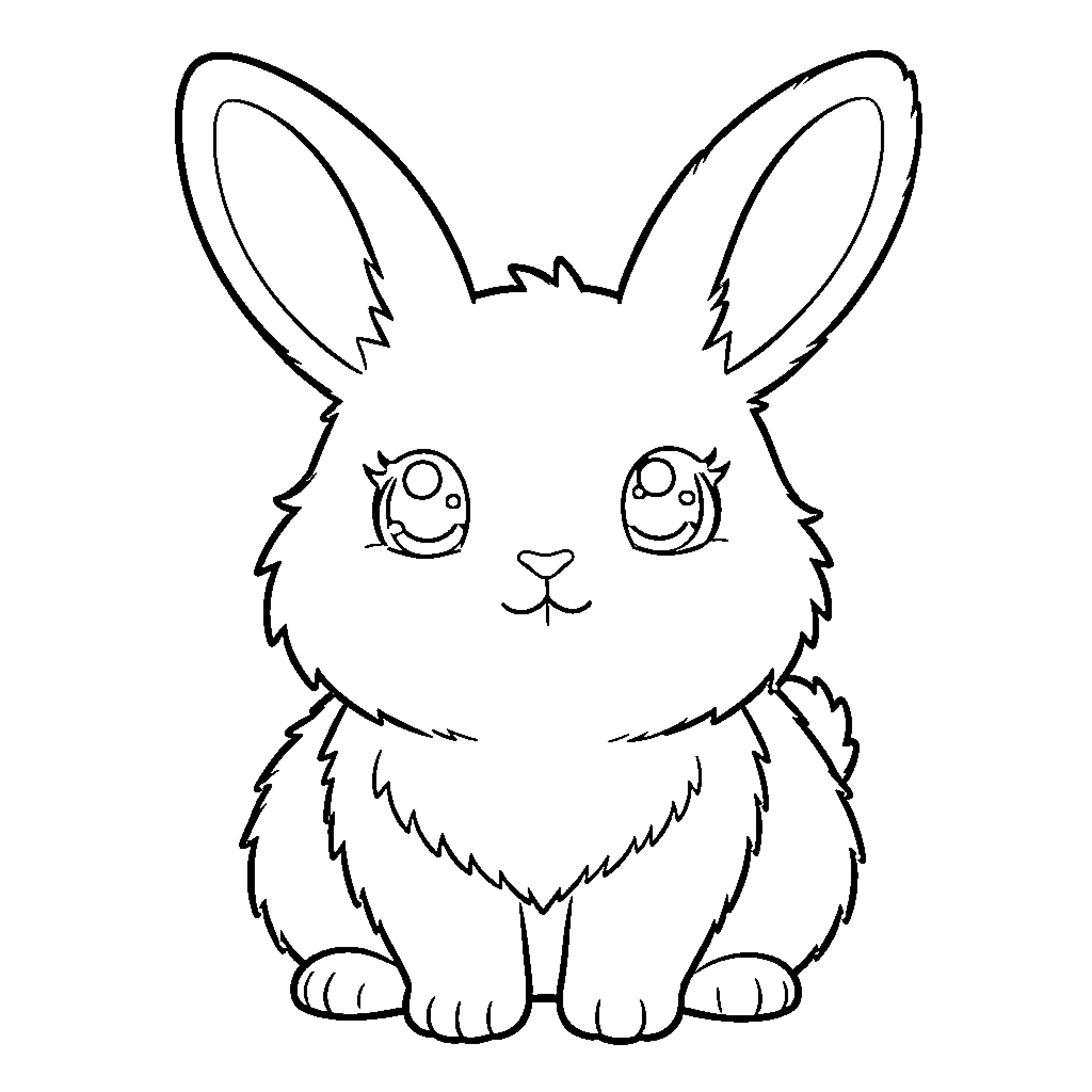 Bunny with big eyes and fluffy fur Coloring Page (free black-and-white line drawing printable PDF for all, from beginners to advanced learners, including children, teens, adults, and seniors)