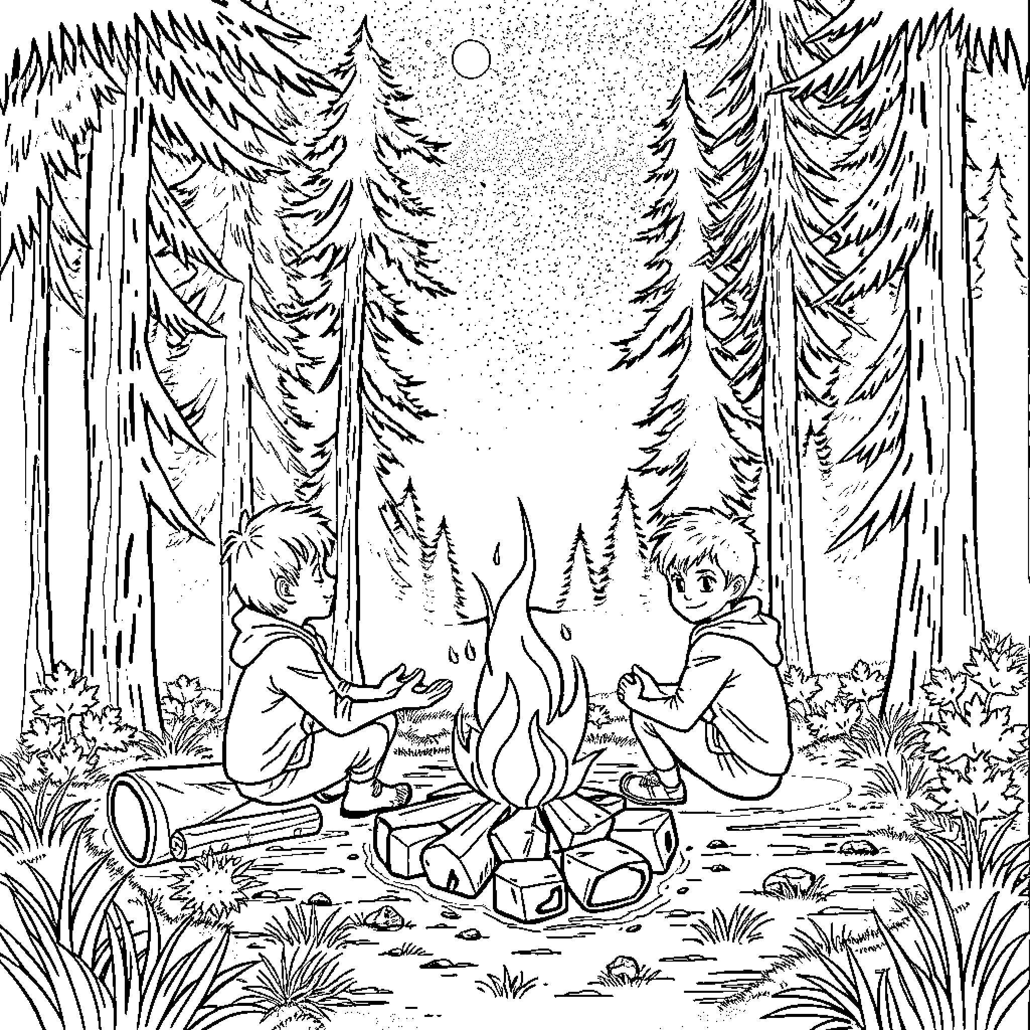 Brothers Camping in Serene Forest Coloring Page (free black-and-white line drawing printable PDF for all, from beginners to advanced learners, including children, teens, adults, and seniors)