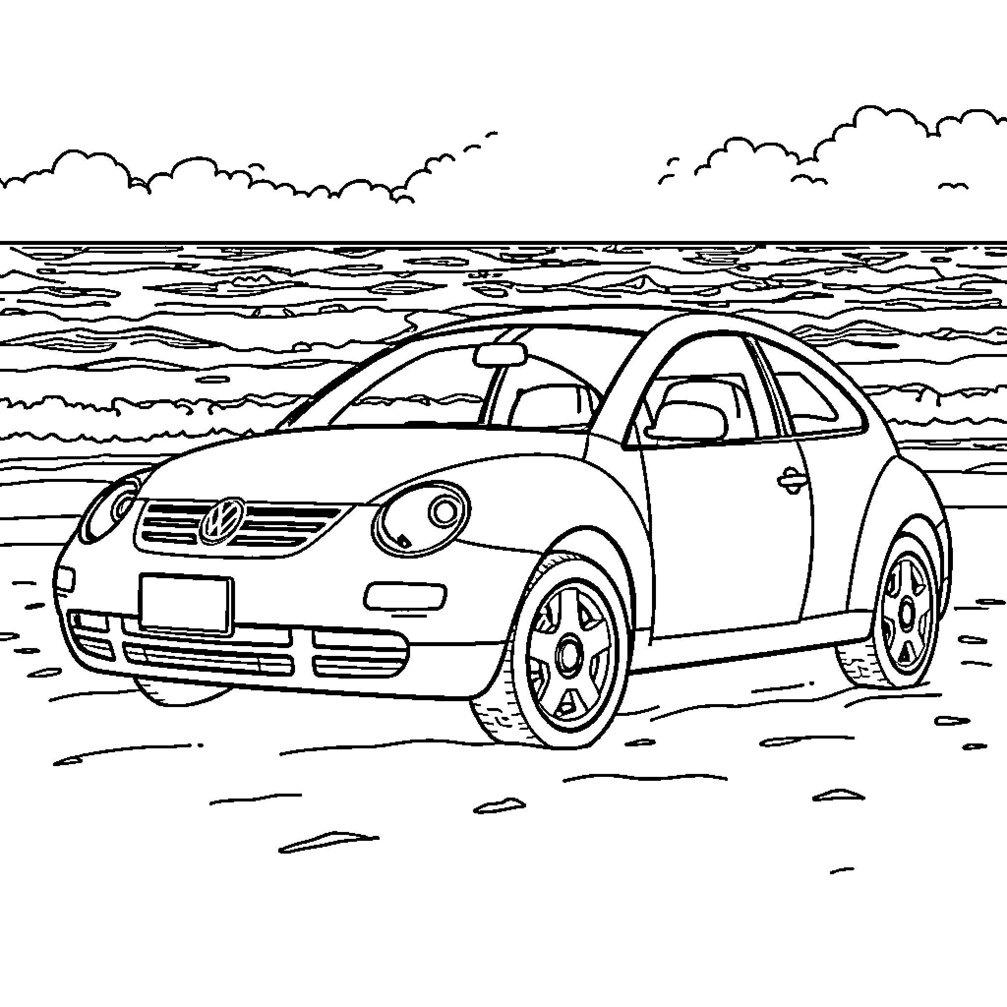 VW Bora parked on beach under cloudy sky Coloring Page (free black-and-white line drawing printable PDF for all, from beginners to advanced learners, including children, teens, adults, and seniors)