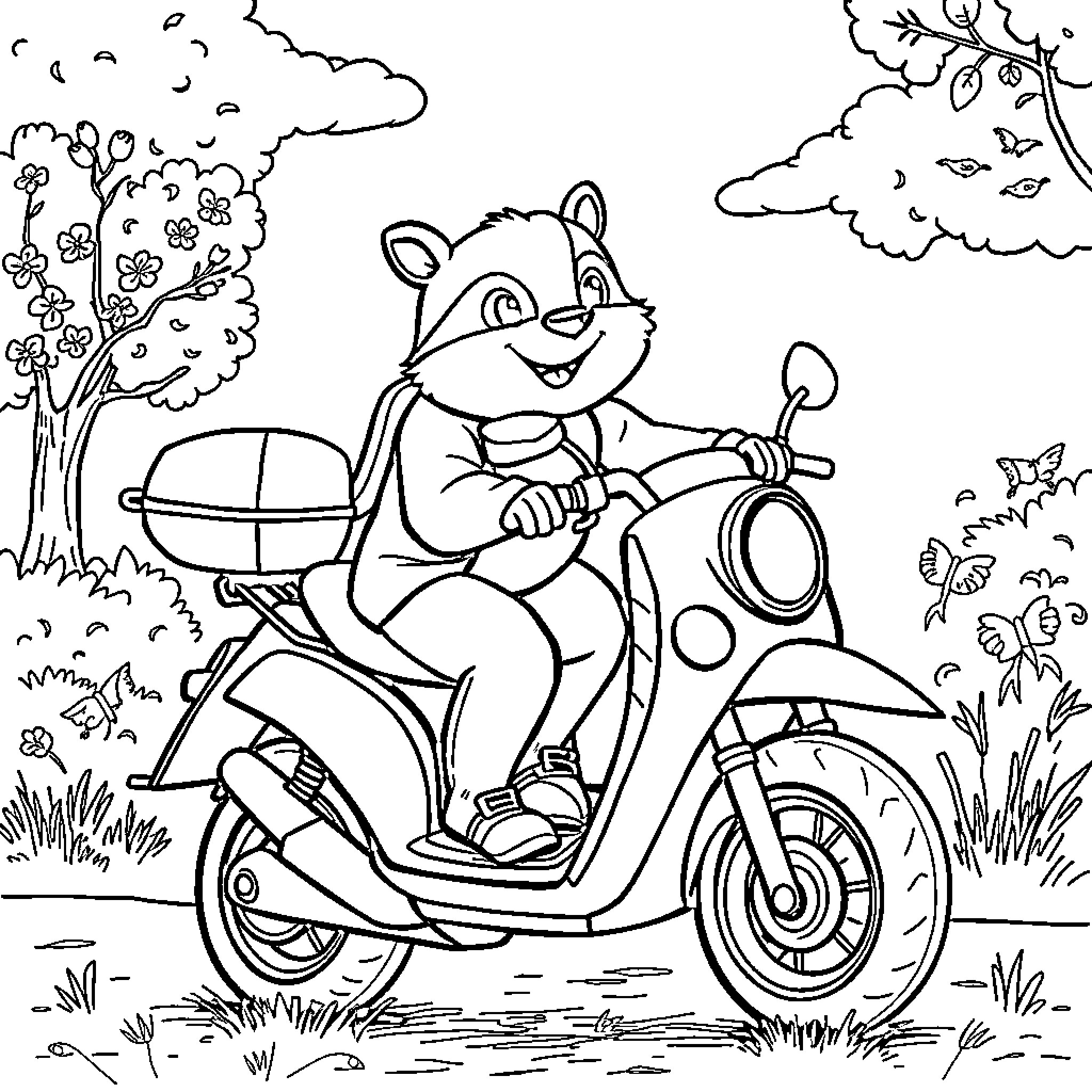 Hedgehog riding a scooter through a floral landscape Coloring Page (free black-and-white line drawing printable PDF for all, from beginners to advanced learners, including children, teens, adults, and seniors)