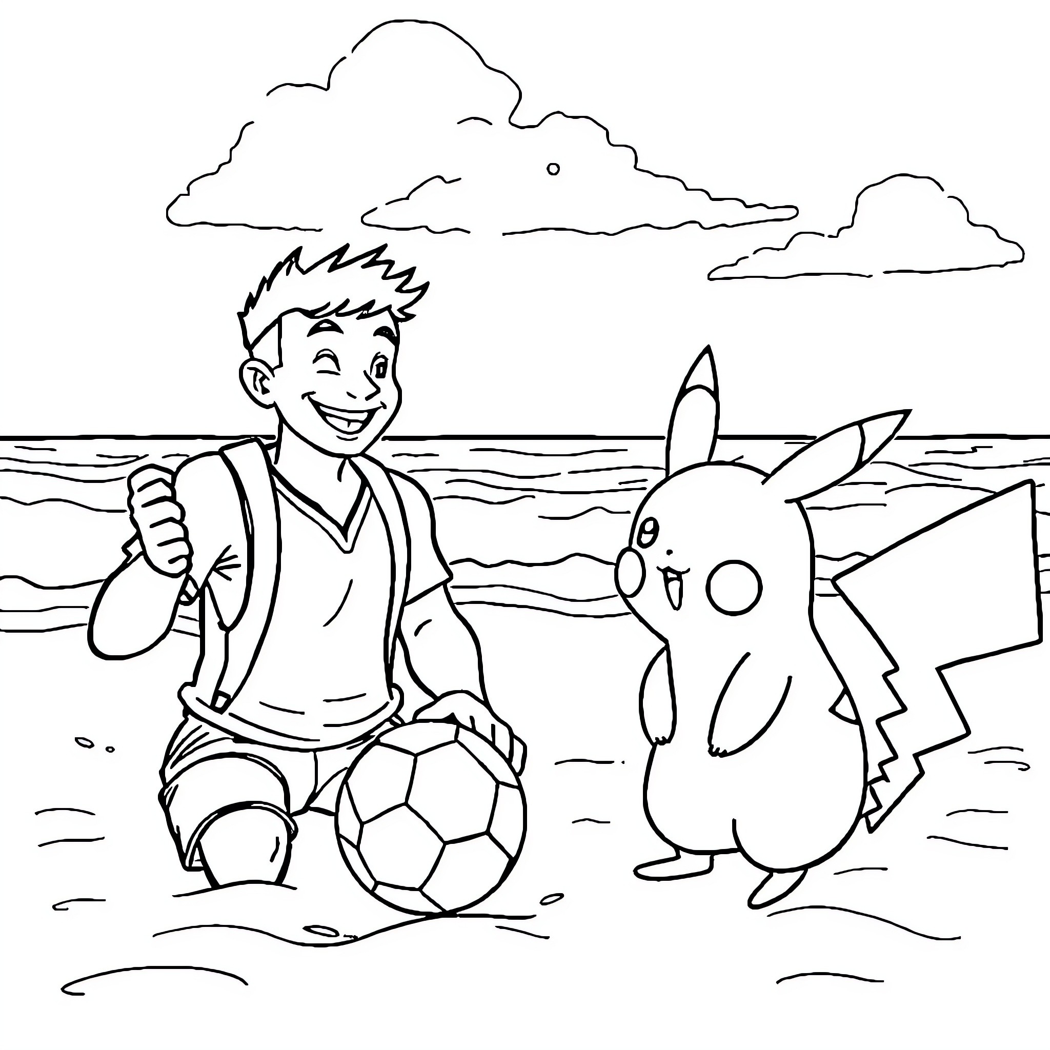 Barman playing soccer with Pikachu on the beach Coloring Page (free black-and-white line drawing printable PDF for all, from beginners to advanced learners, including children, teens, adults, and seniors)