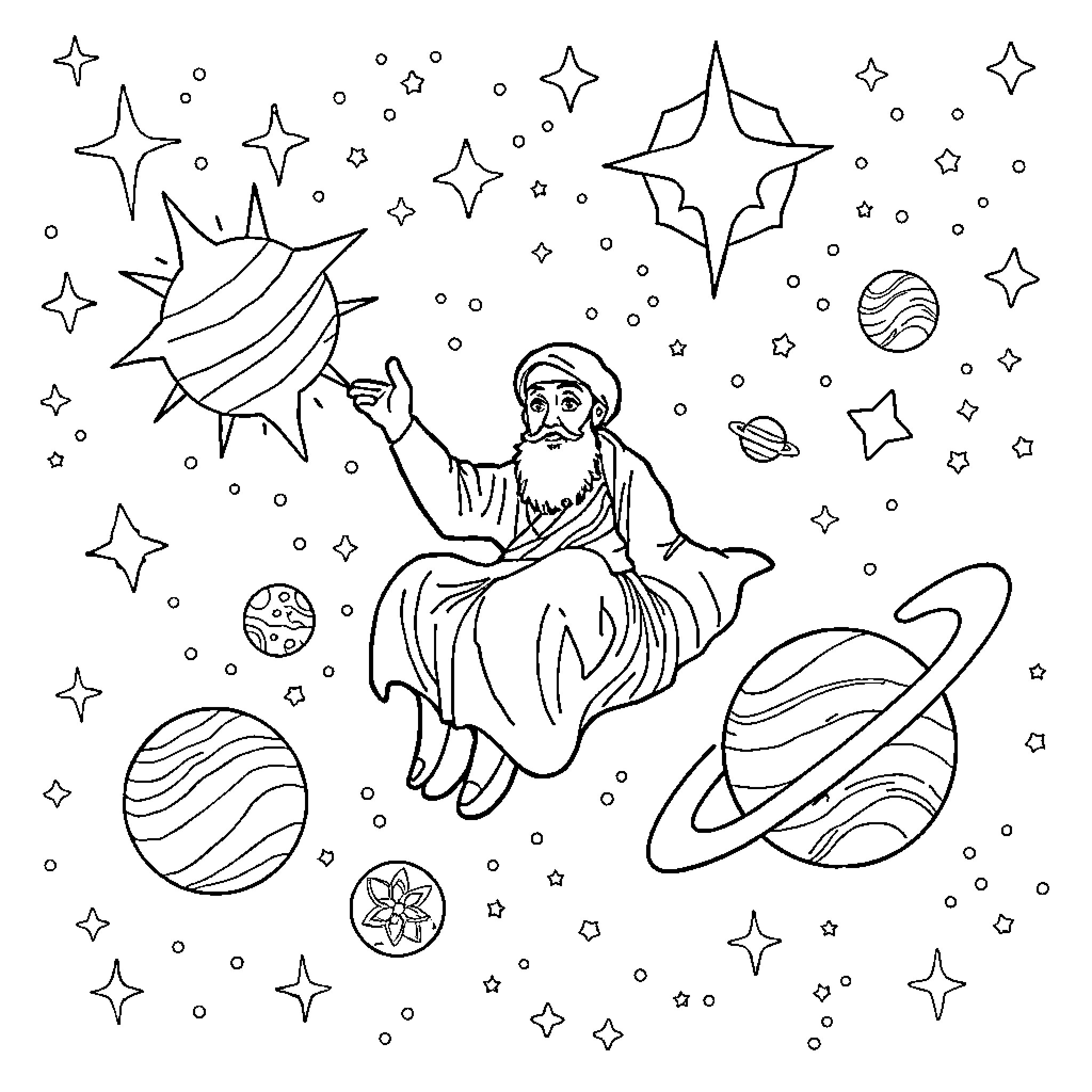 Rumi Contemplating the Celestial Realm Coloring Page (free black-and-white line drawing printable PDF for all, from beginners to advanced learners, including children, teens, adults, and seniors)