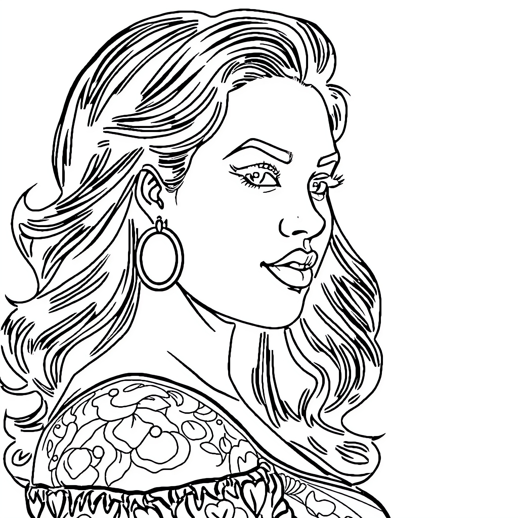 Woman in stylized portrait with expressive face Coloring Page (free black-and-white line drawing printable PDF for all, from beginners to advanced learners, including children, teens, adults, and seniors)