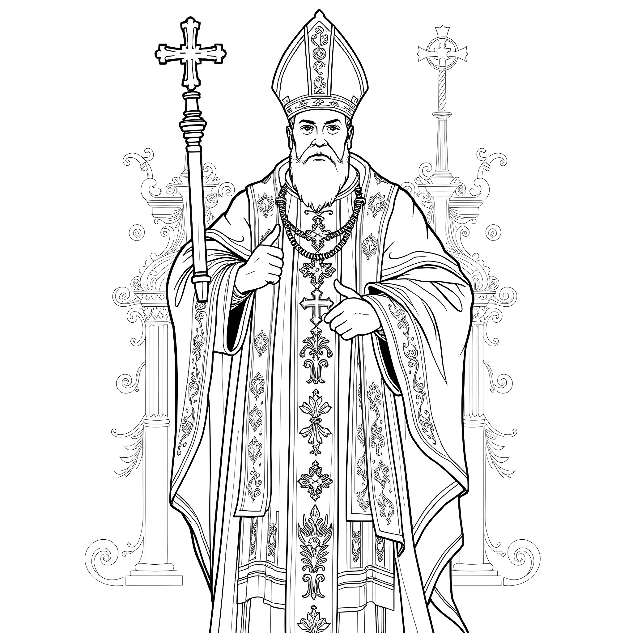 Pope Leo XIV presiding over a religious ceremony Coloring Page (free black-and-white line drawing printable PDF for all, from beginners to advanced learners, including children, teens, adults, and seniors)