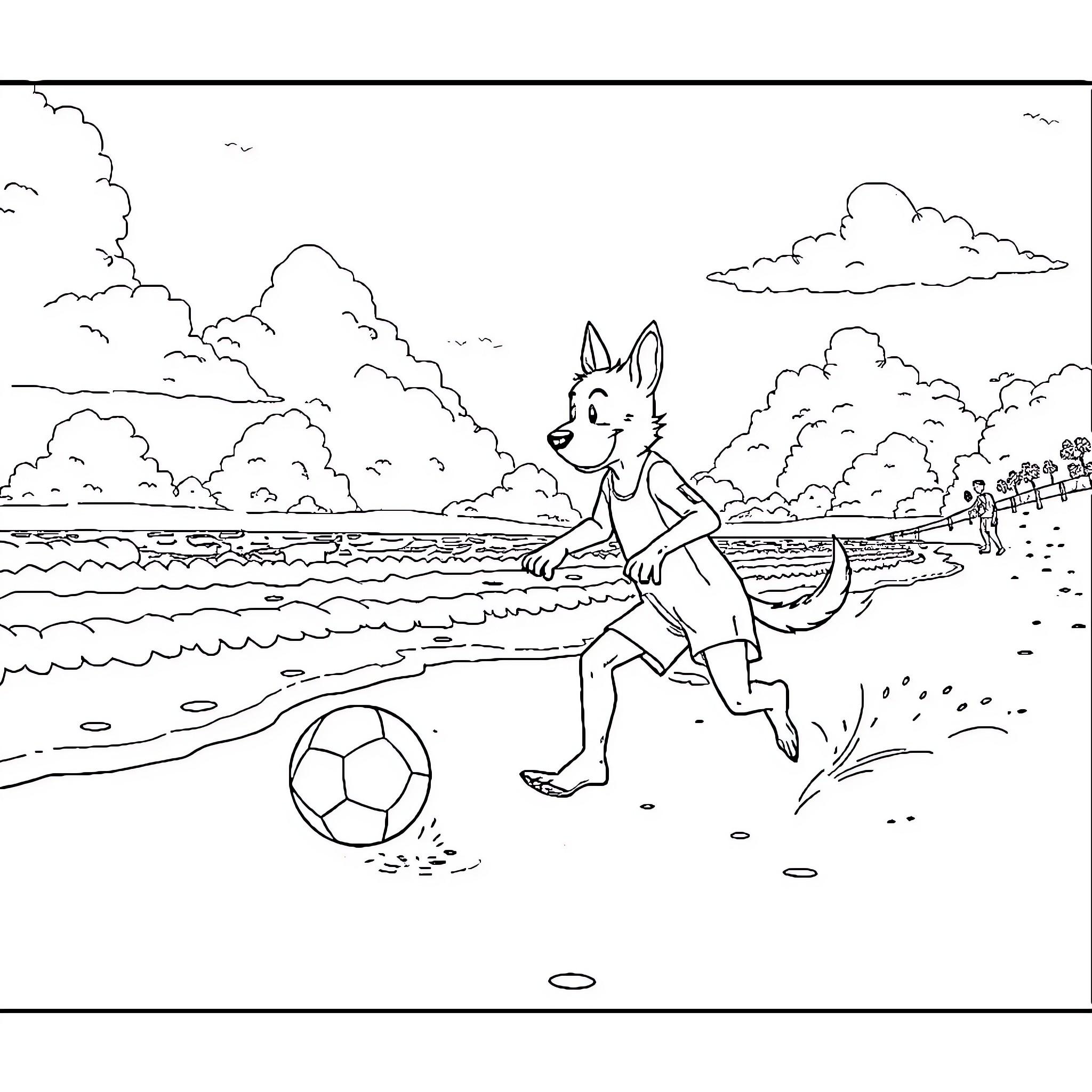 Ruben the Playful Pup Frolicking on the Beach Coloring Page (free black-and-white line drawing printable PDF for all, from beginners to advanced learners, including children, teens, adults, and seniors)
