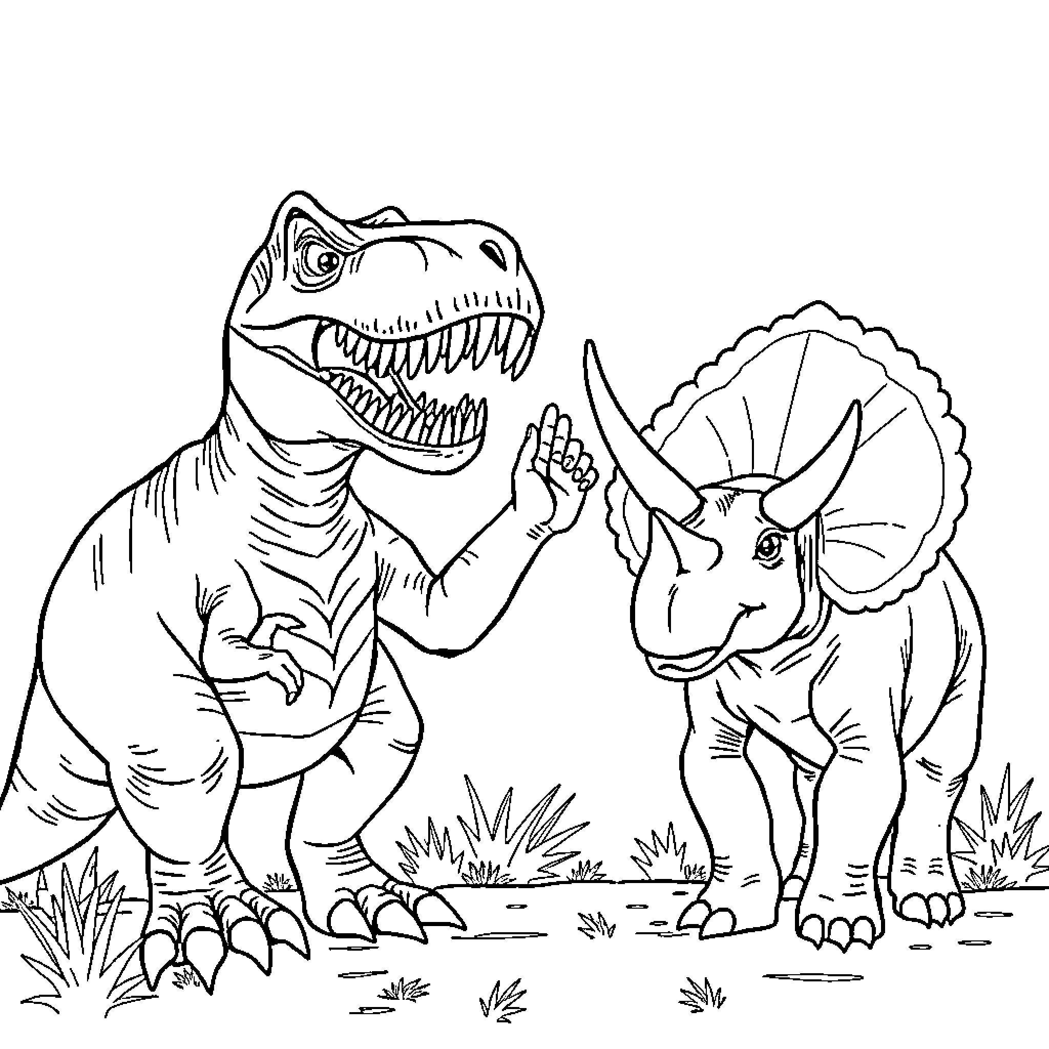 Dinosaur friends exploring the prehistoric landscape Coloring Page (free black-and-white line drawing printable PDF for all, from beginners to advanced learners, including children, teens, adults, and seniors)