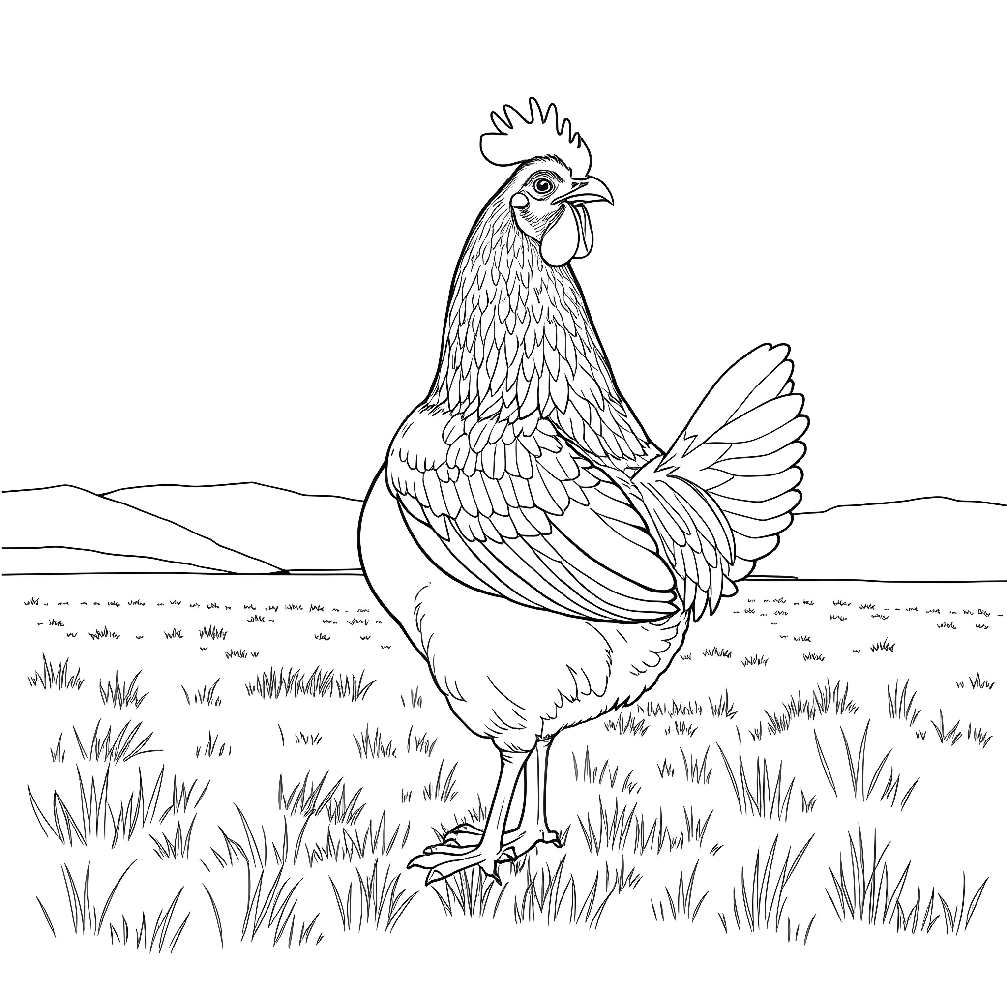 Hen standing proudly in the countryside Coloring Page (free black-and-white line drawing printable PDF for all, from beginners to advanced learners, including children, teens, adults, and seniors)