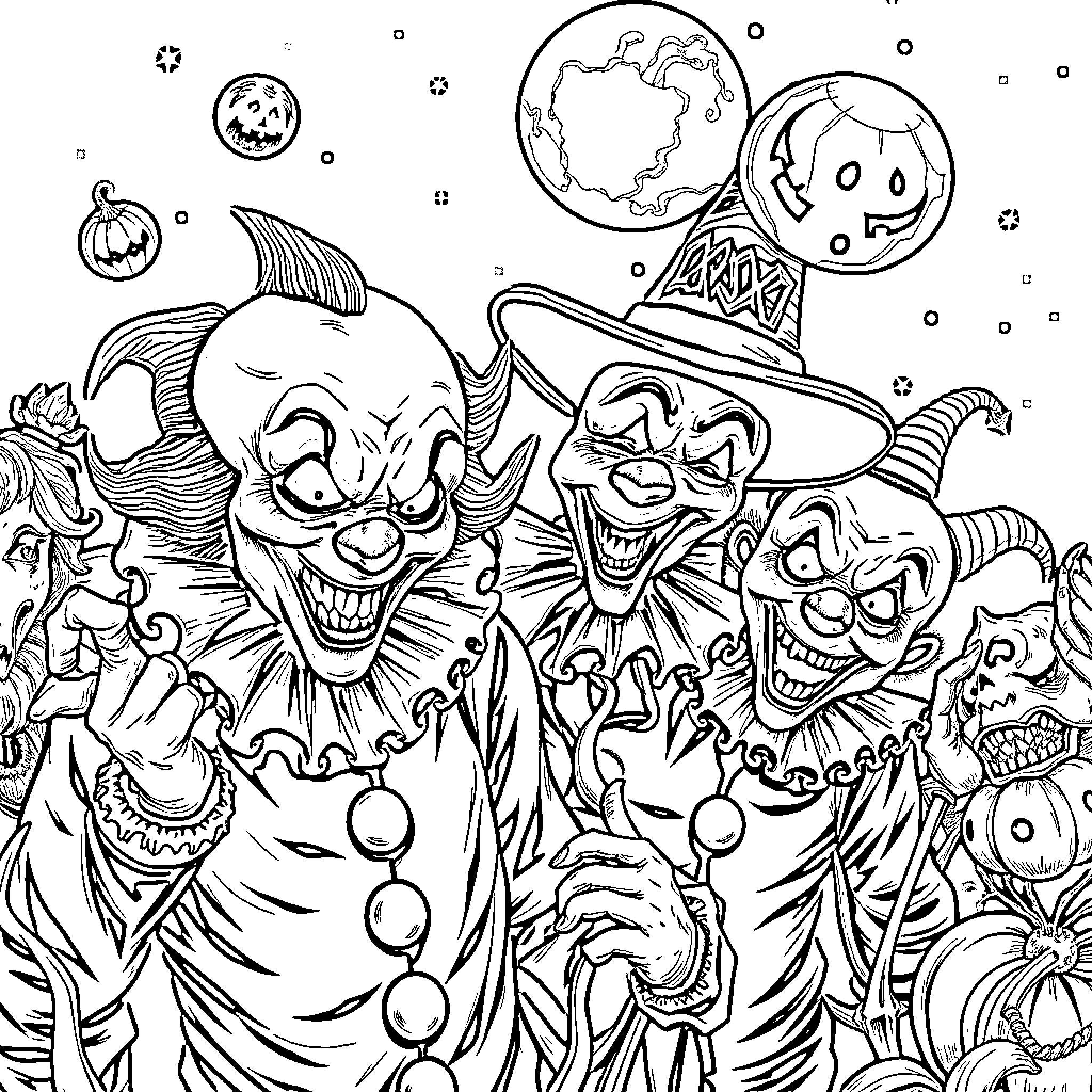 Clown characters in a whimsical Halloween scene Coloring Page (free black-and-white line drawing printable PDF for all, from beginners to advanced learners, including children, teens, adults, and seniors)