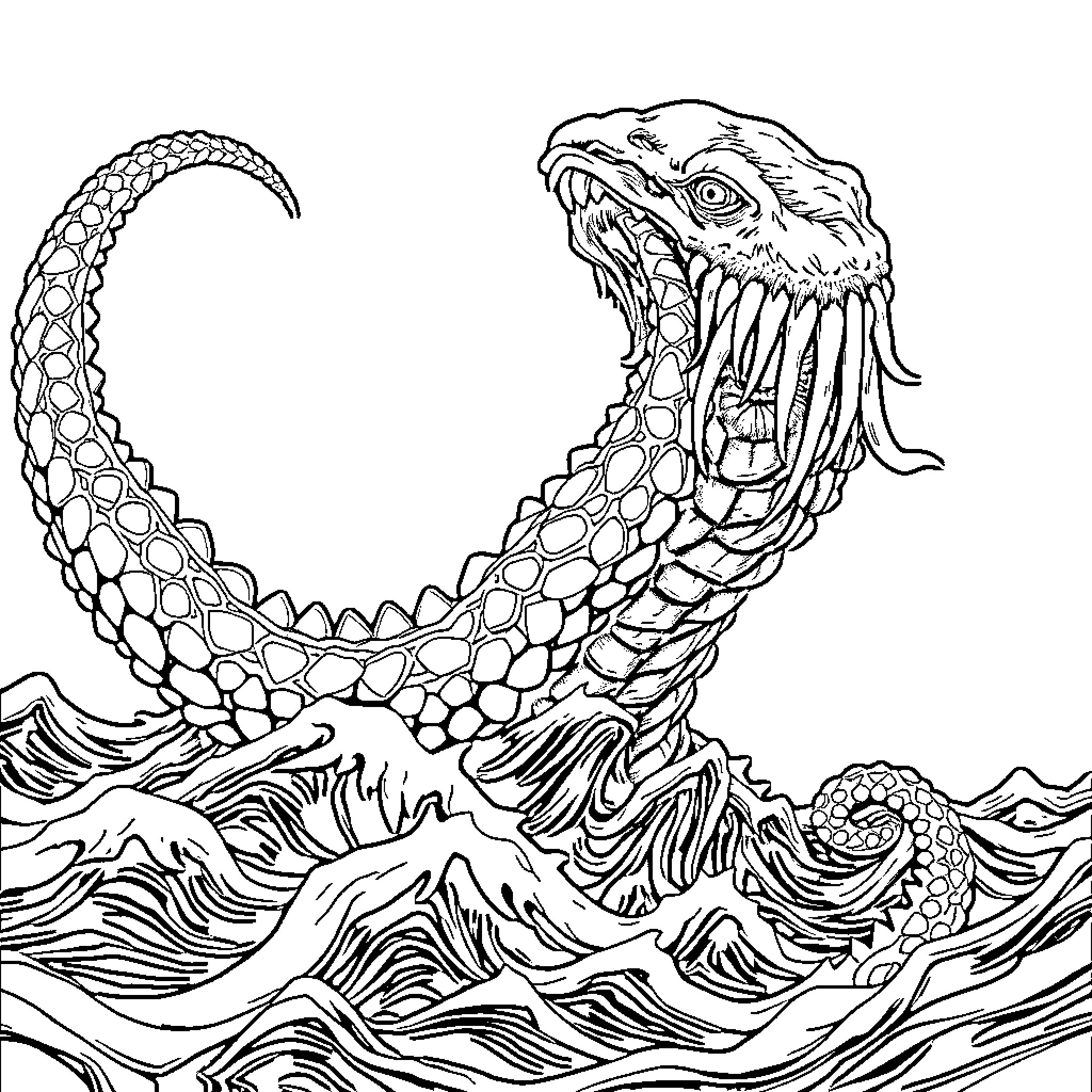 Krake battling waves in the stormy sea Coloring Page (free black-and-white line drawing printable PDF for all, from beginners to advanced learners, including children, teens, adults, and seniors)