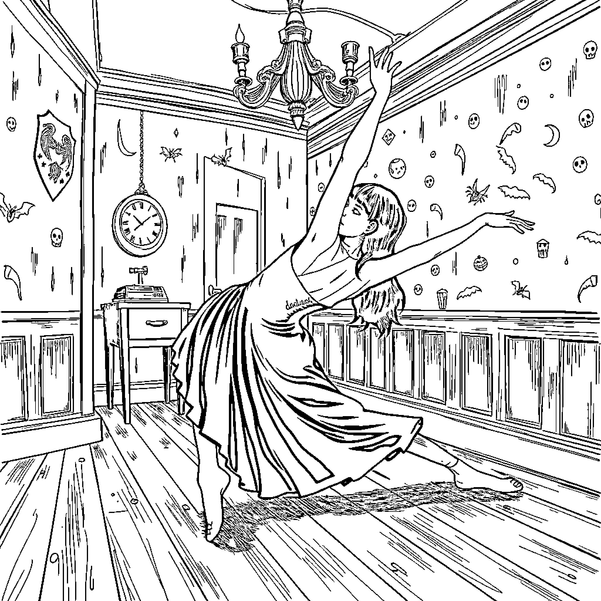 Wednesday Addams dancing in a spooky, whimsical setting Coloring Page (free black-and-white line drawing printable PDF for all, from beginners to advanced learners, including children, teens, adults, and seniors)