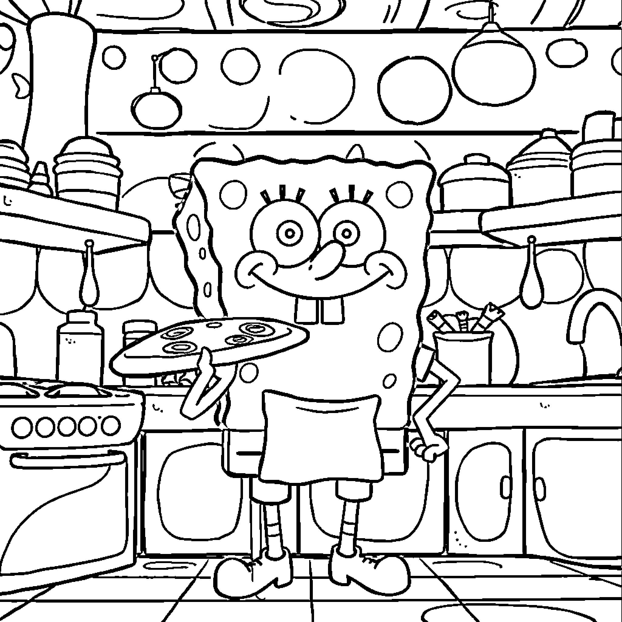 Spongebob in a Whimsical Kitchen Coloring Page (free black-and-white line drawing printable PDF for all, from beginners to advanced learners, including children, teens, adults, and seniors)