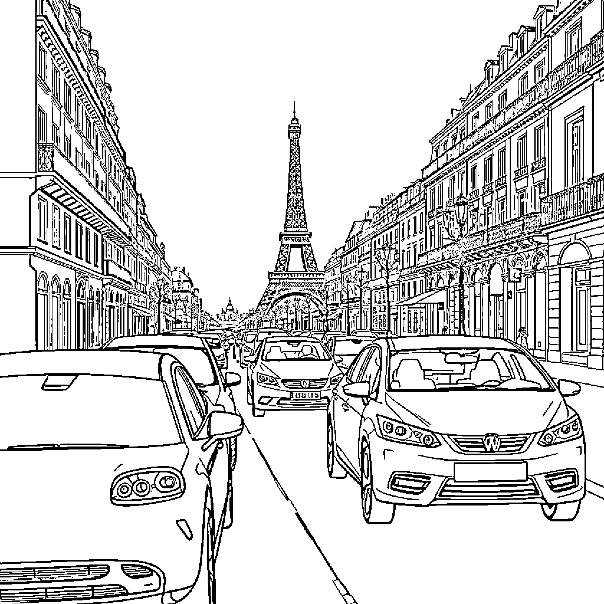 Cars on street near Eiffel Tower in Paris Coloring Page (free black-and-white line drawing printable PDF for all, from beginners to advanced learners, including children, teens, adults, and seniors)