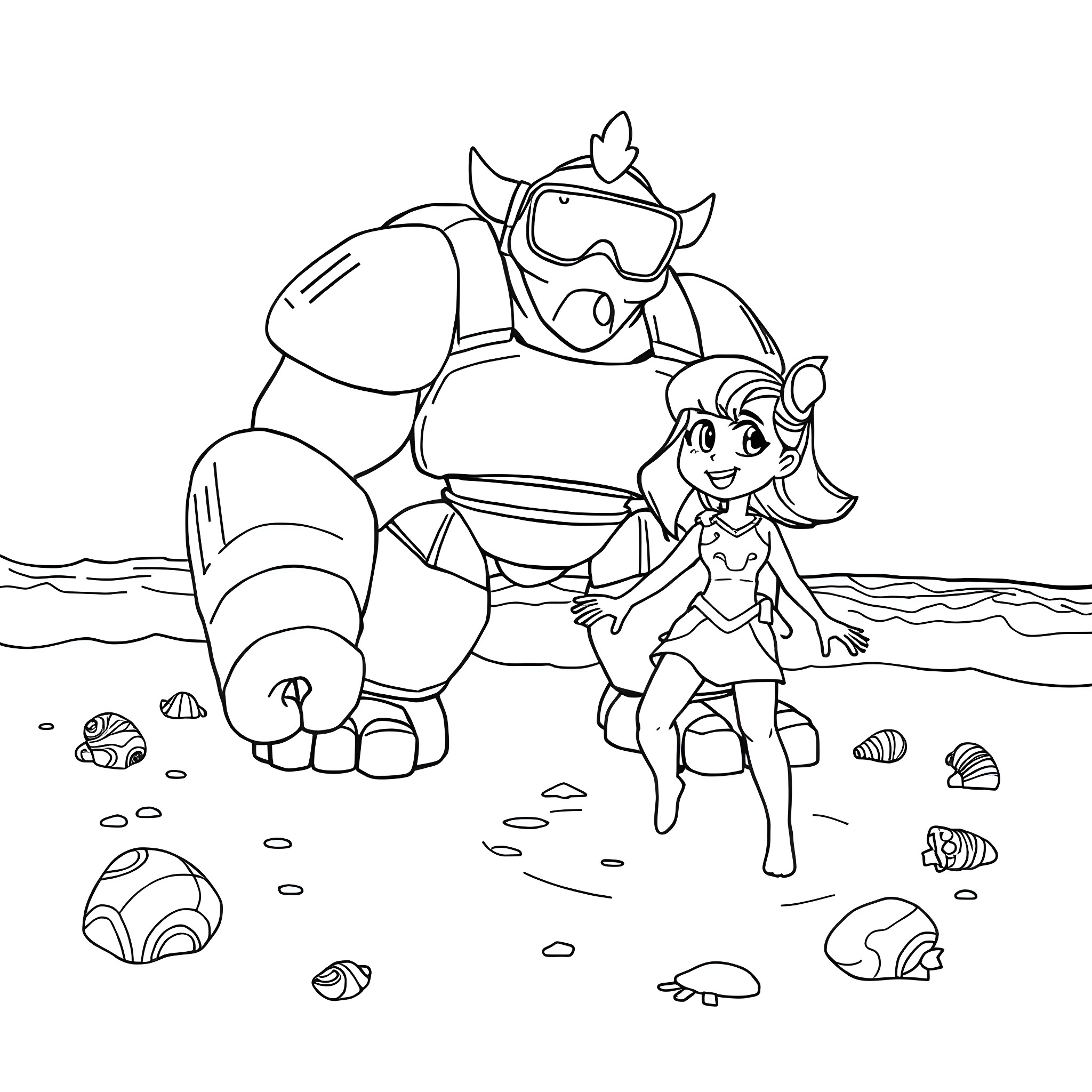 Megas XLR characters enjoying beach adventure Coloring Page (free black-and-white line drawing printable PDF for all, from beginners to advanced learners, including children, teens, adults, and seniors)