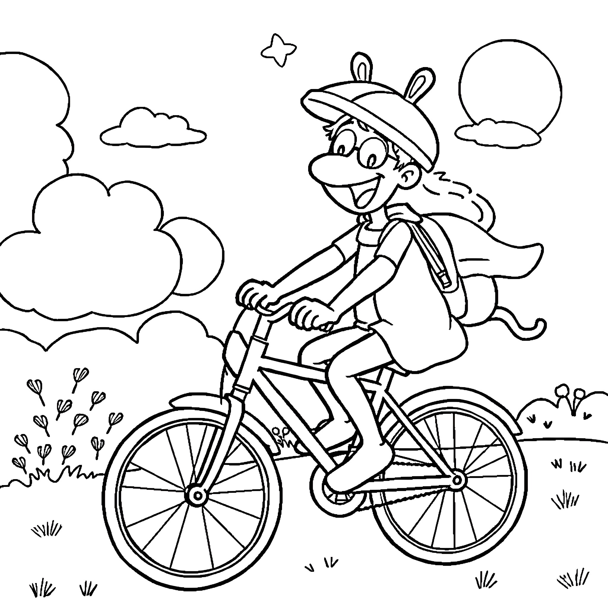 Trotro's Bicycle Adventure in the Countryside Coloring Page (free black-and-white line drawing printable PDF for all, from beginners to advanced learners, including children, teens, adults, and seniors)