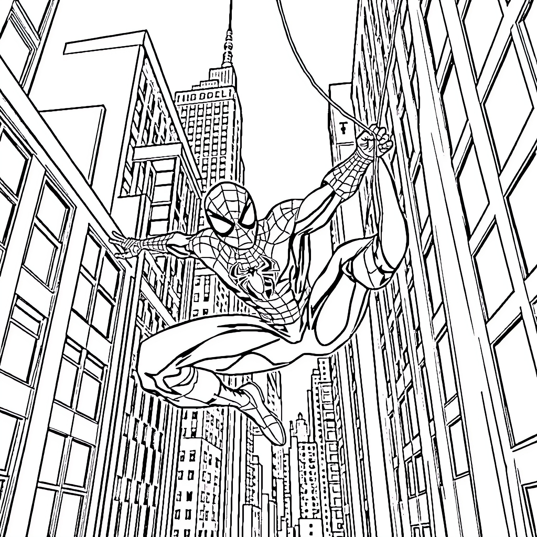 Spiderman swinging through the city skyline Coloring Page (free black-and-white line drawing printable PDF for all, from beginners to advanced learners, including children, teens, adults, and seniors)