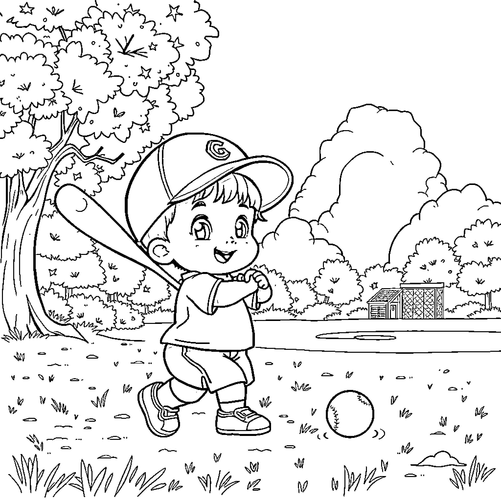 Saja playing happily in the outdoor park Coloring Page (free black-and-white line drawing printable PDF for all, from beginners to advanced learners, including children, teens, adults, and seniors)