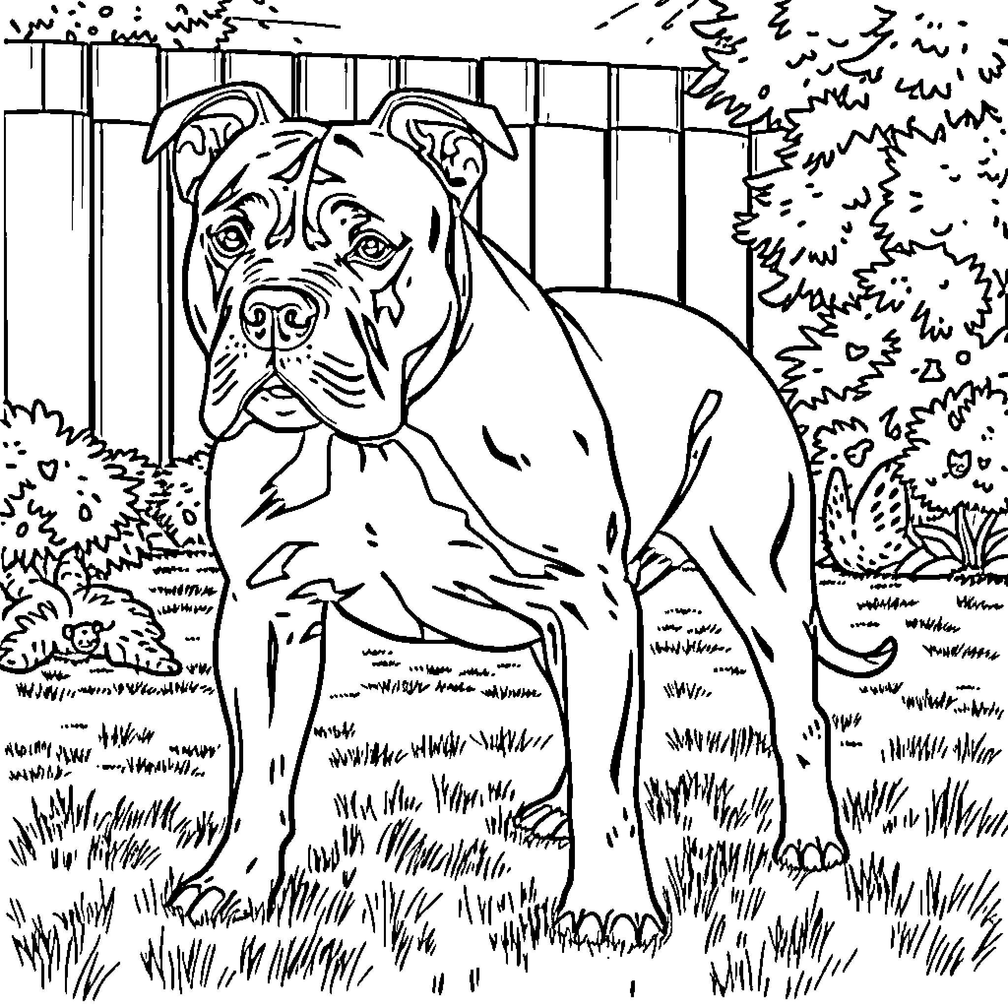 Pitbull patiently waiting in the backyard Coloring Page (free black-and-white line drawing printable PDF for all, from beginners to advanced learners, including children, teens, adults, and seniors)