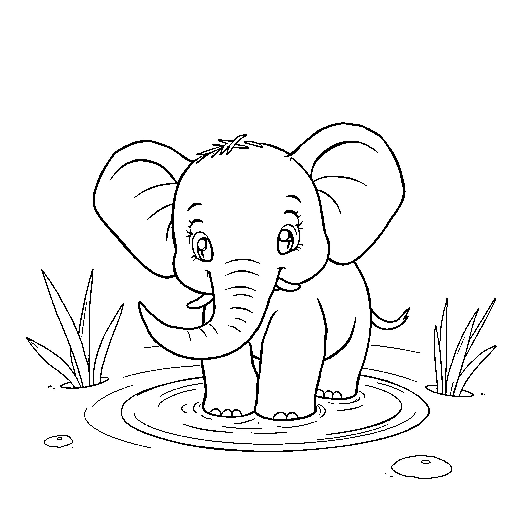 Elephant standing in a pond Coloring Page (free black-and-white line drawing printable PDF for all, from beginners to advanced learners, including children, teens, adults, and seniors)