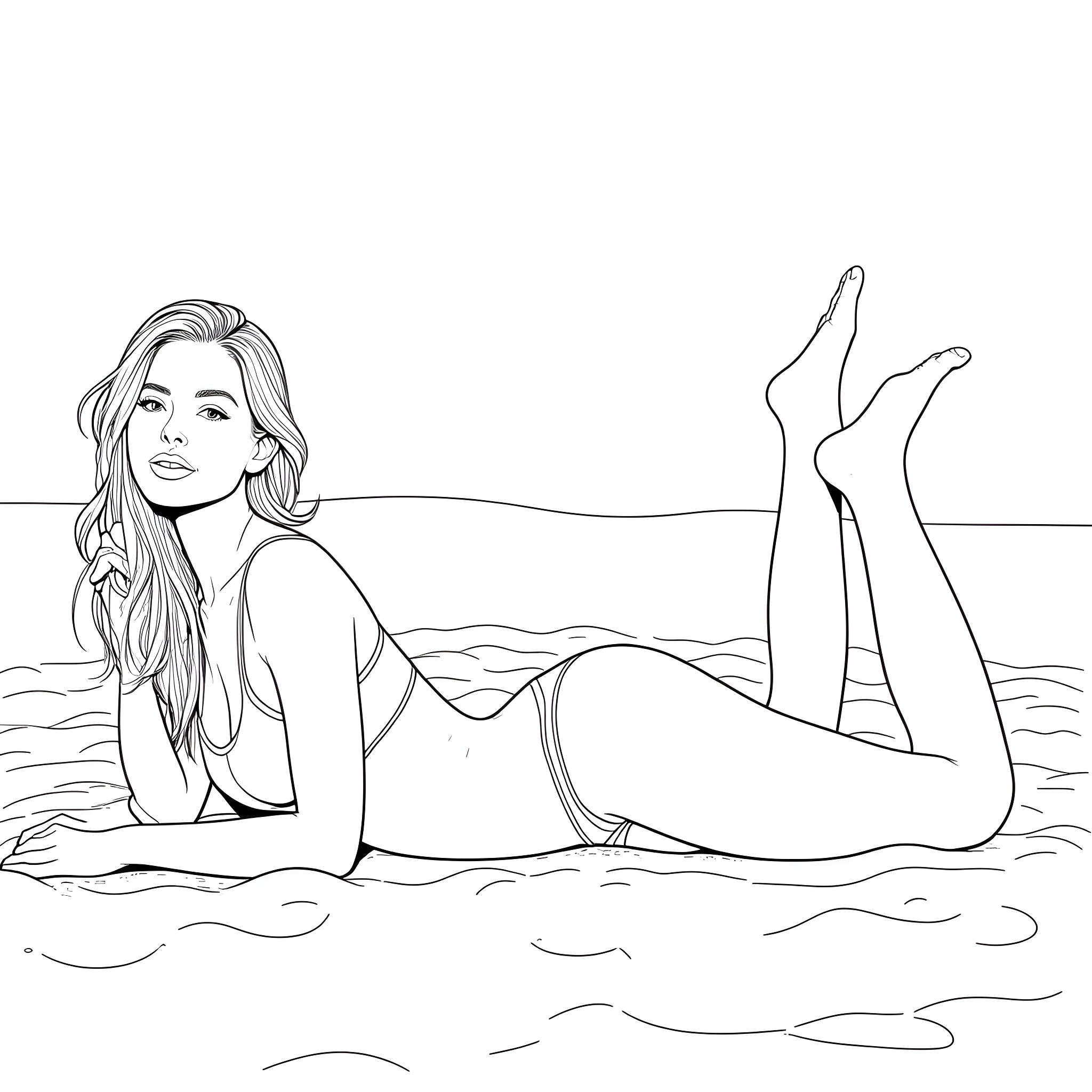 Model relaxing on the beach Coloring Page (free black-and-white line drawing printable PDF for all, from beginners to advanced learners, including children, teens, adults, and seniors)