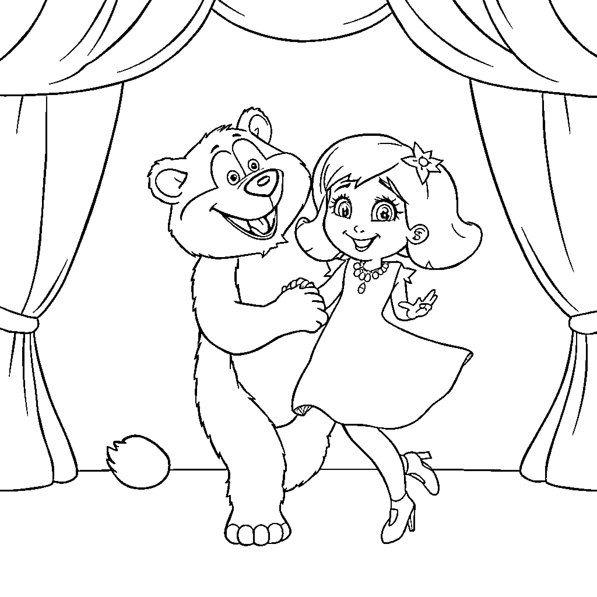 Masha and the Bear dancing on stage Coloring Page (free black-and-white line drawing printable PDF for all, from beginners to advanced learners, including children, teens, adults, and seniors)