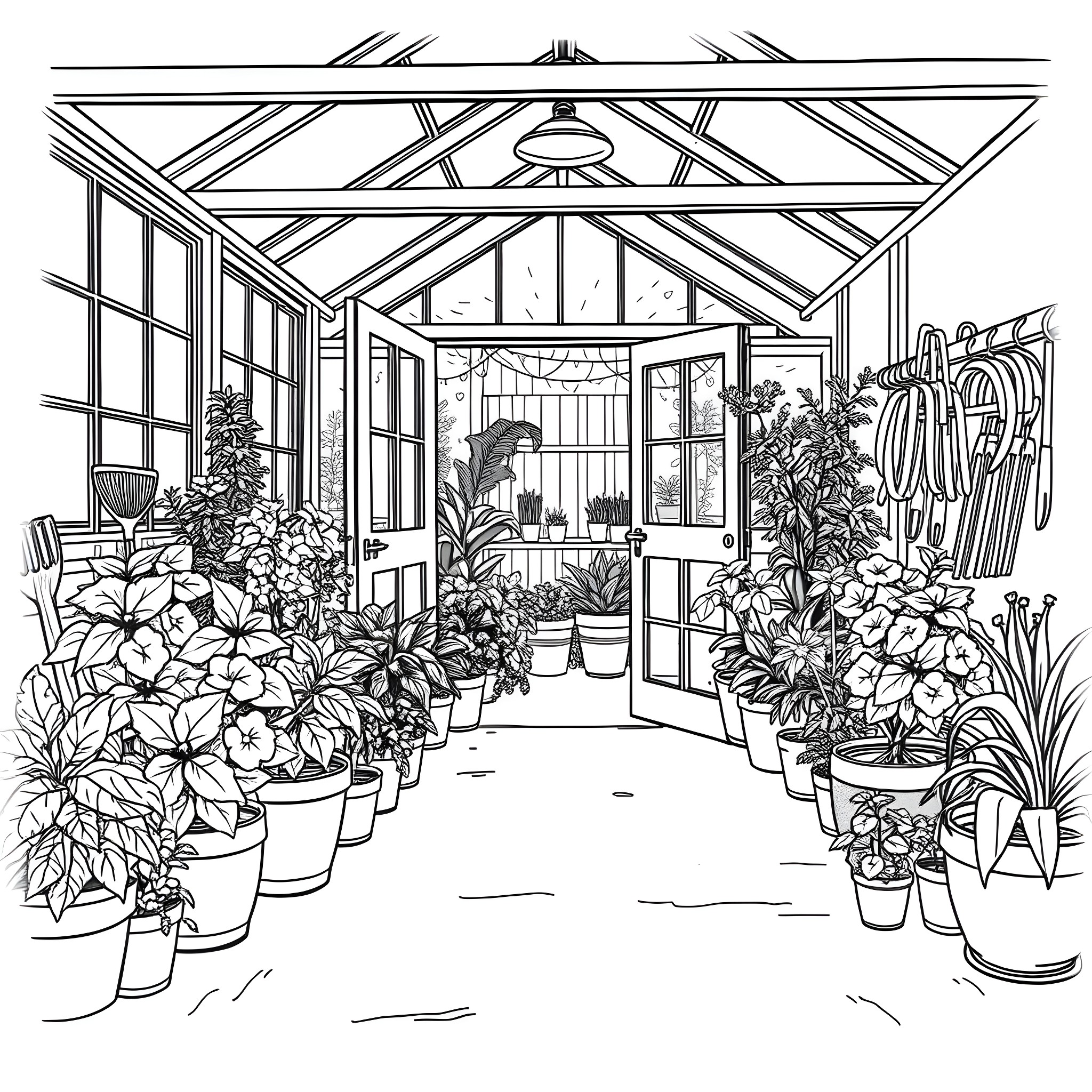 Greenhouse with Flourishing Plants and Floral Decor Coloring Page (free black-and-white line drawing printable PDF for all, from beginners to advanced learners, including children, teens, adults, and seniors)